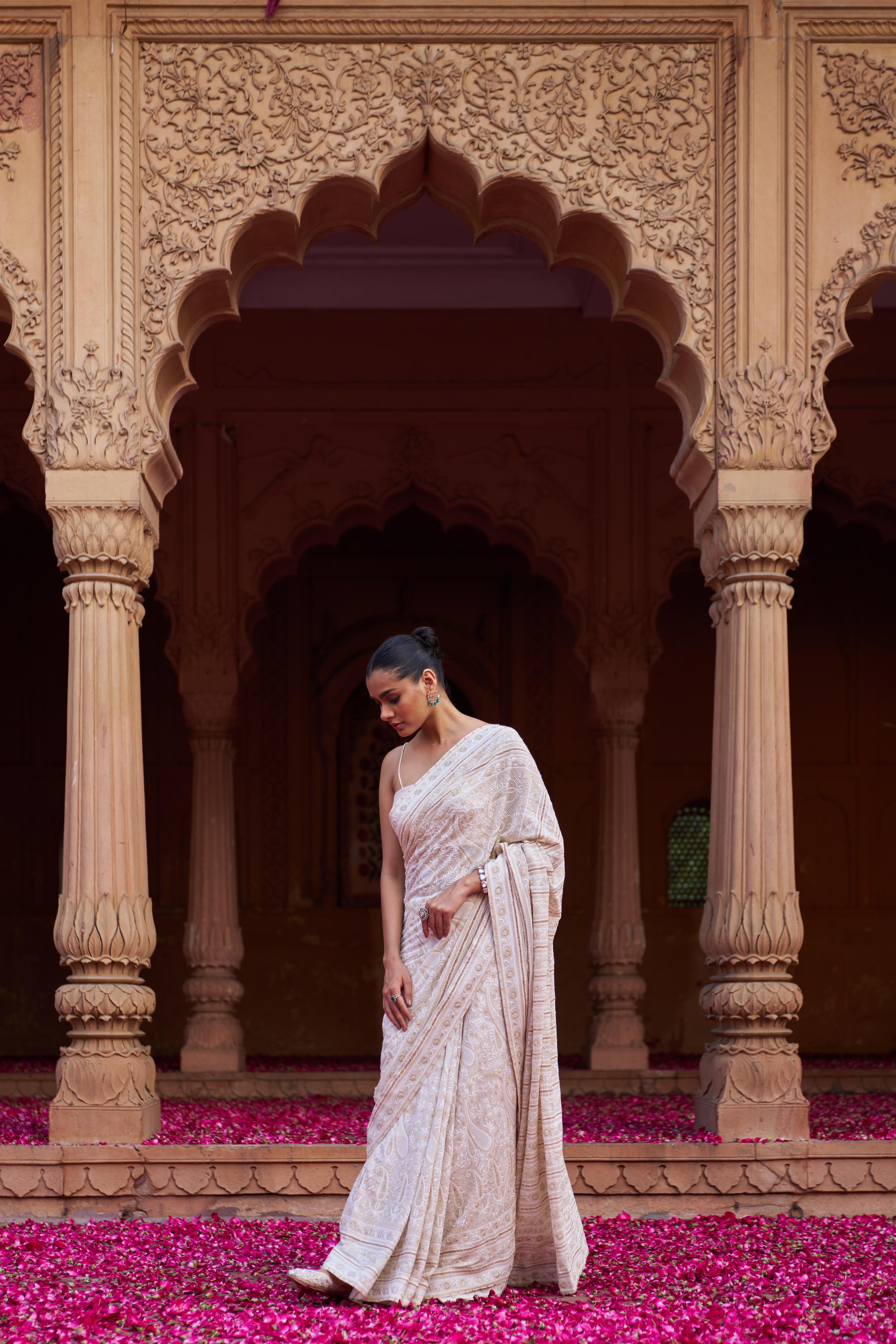 Beige Georgette Chikankari Saree