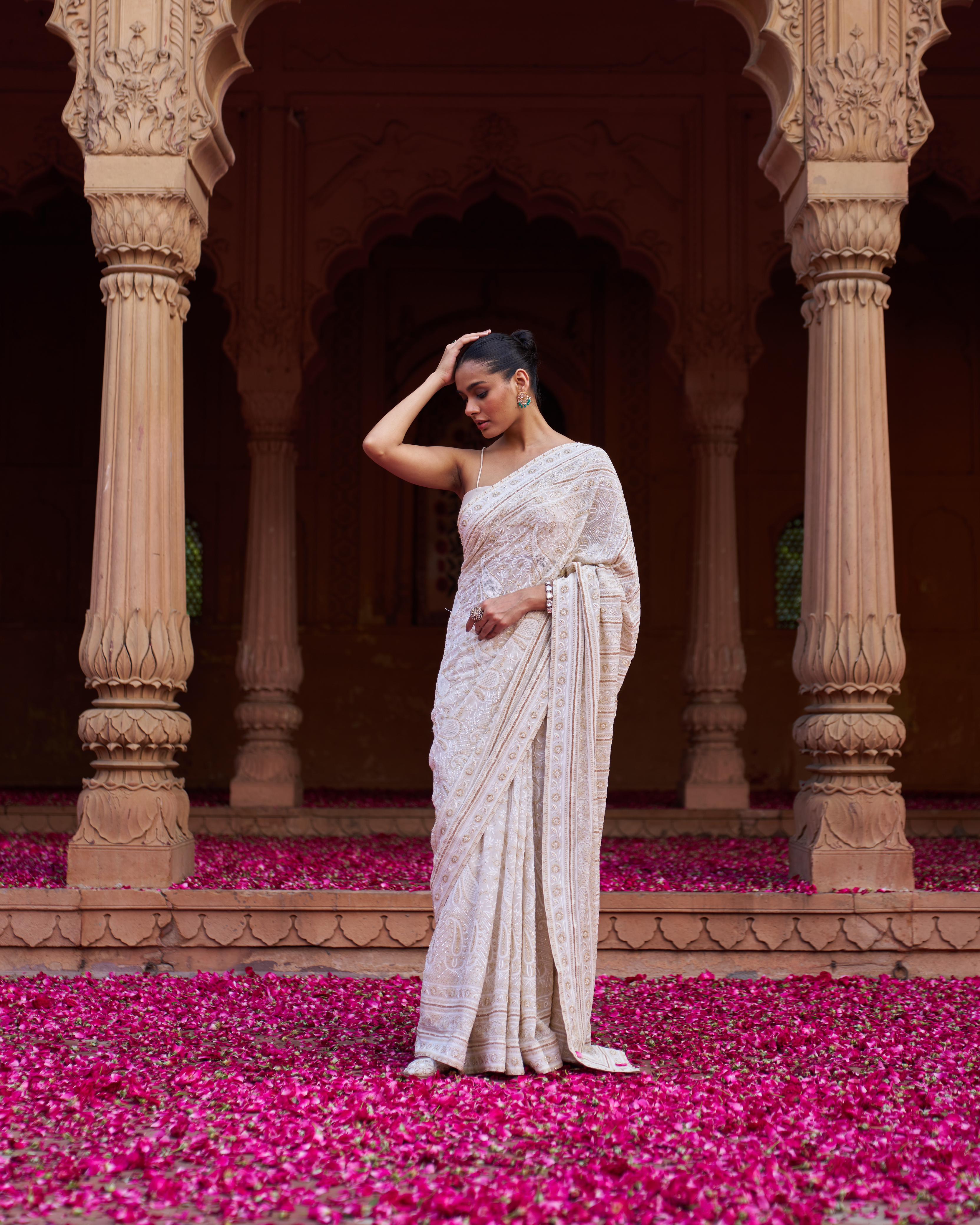 Beige Georgette Chikankari Saree