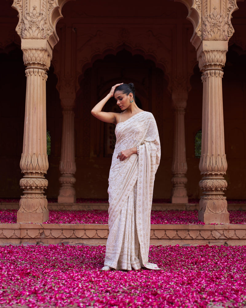 Lavender Resham Chikankari Embroidered Front Slit Georgette Dress