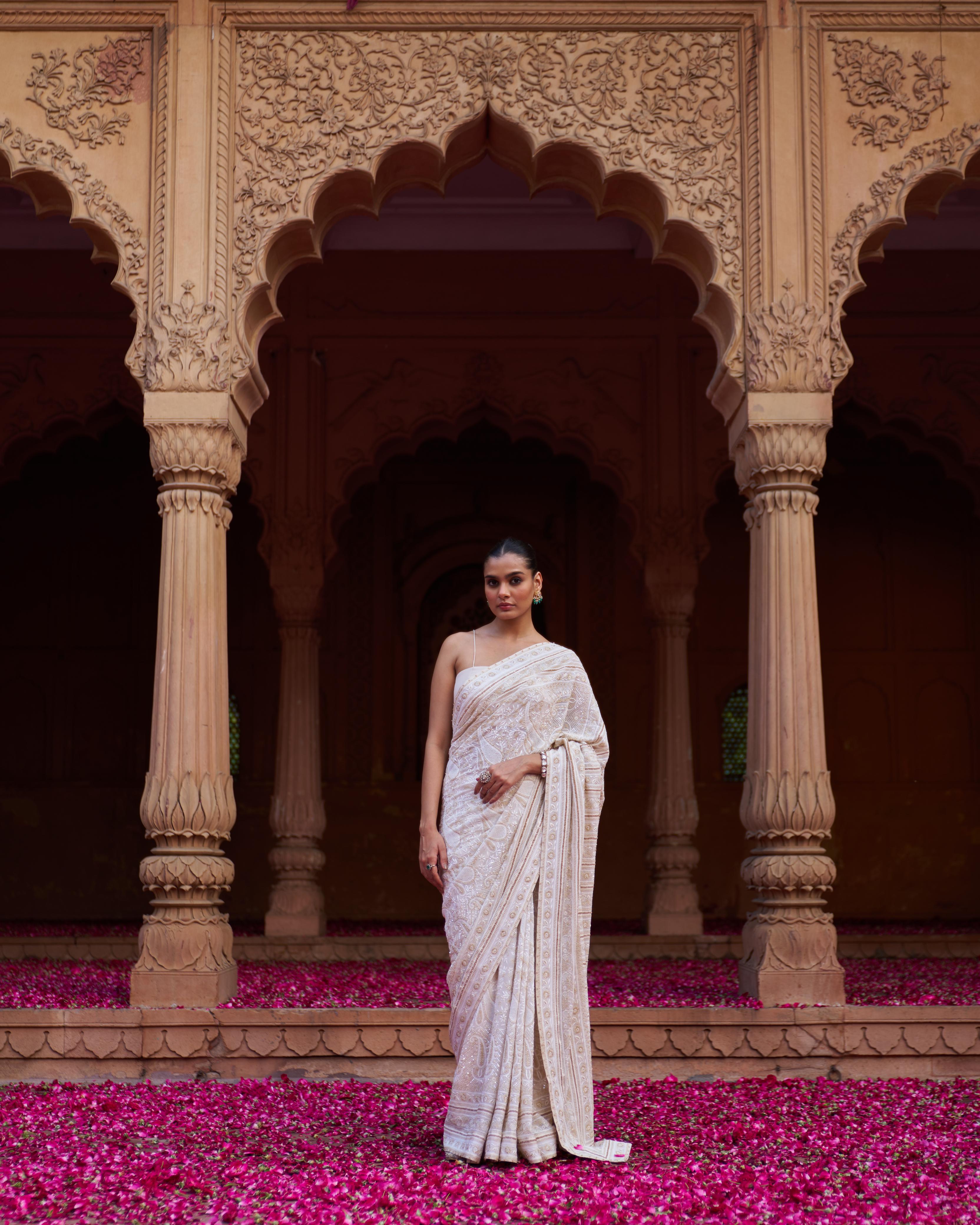 Beige Georgette Chikankari Saree