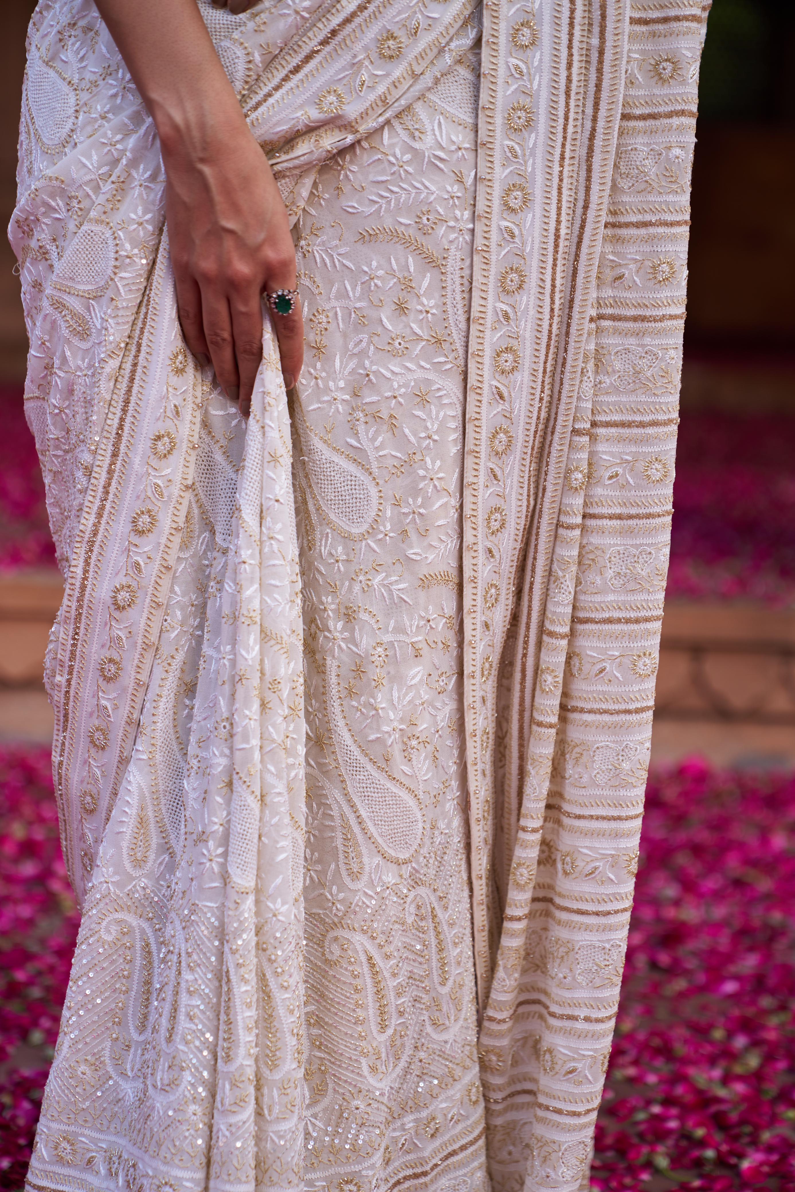 Beige Georgette Chikankari Saree