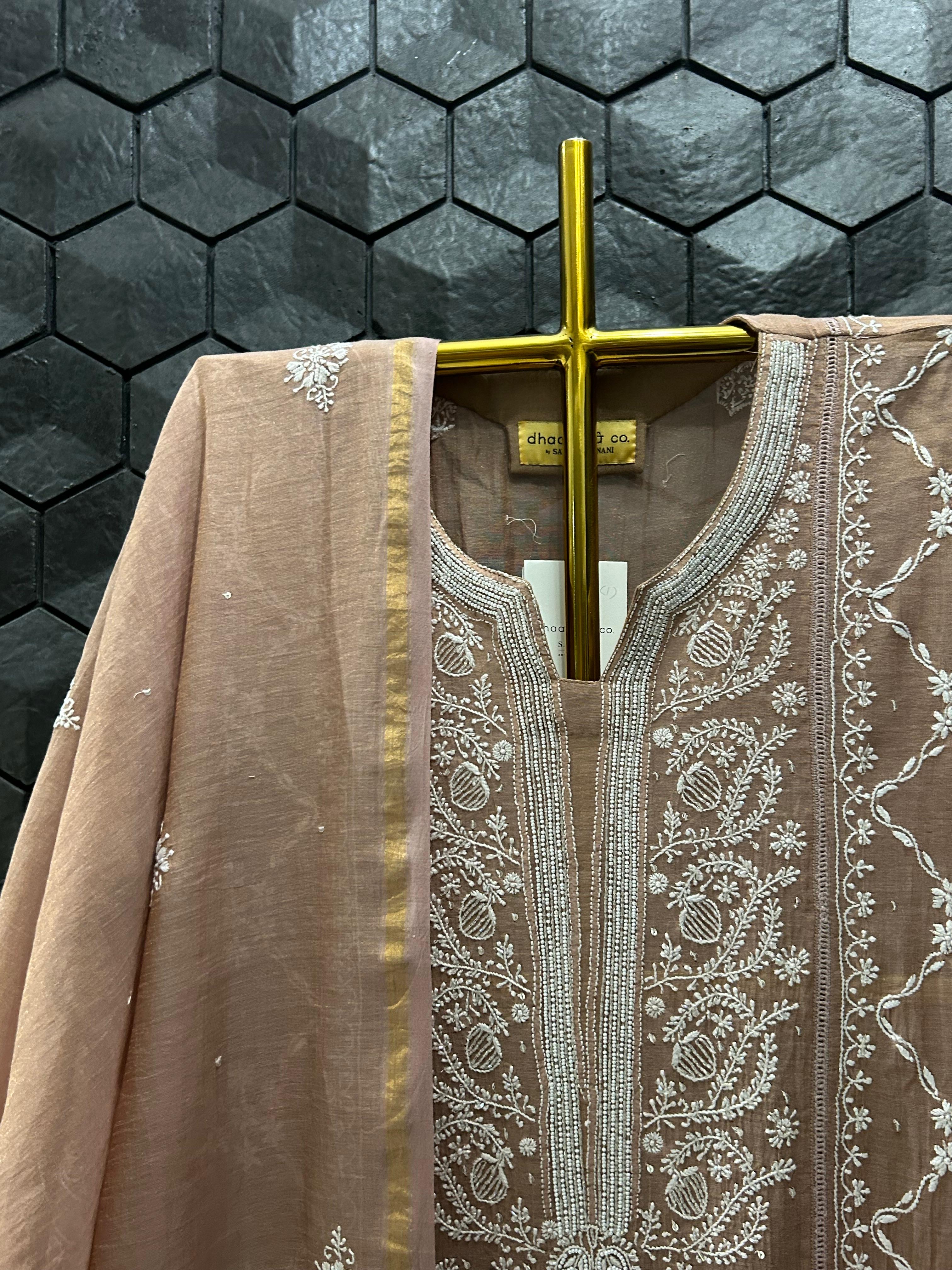 Peach Tissue Chikankari Kurta Set