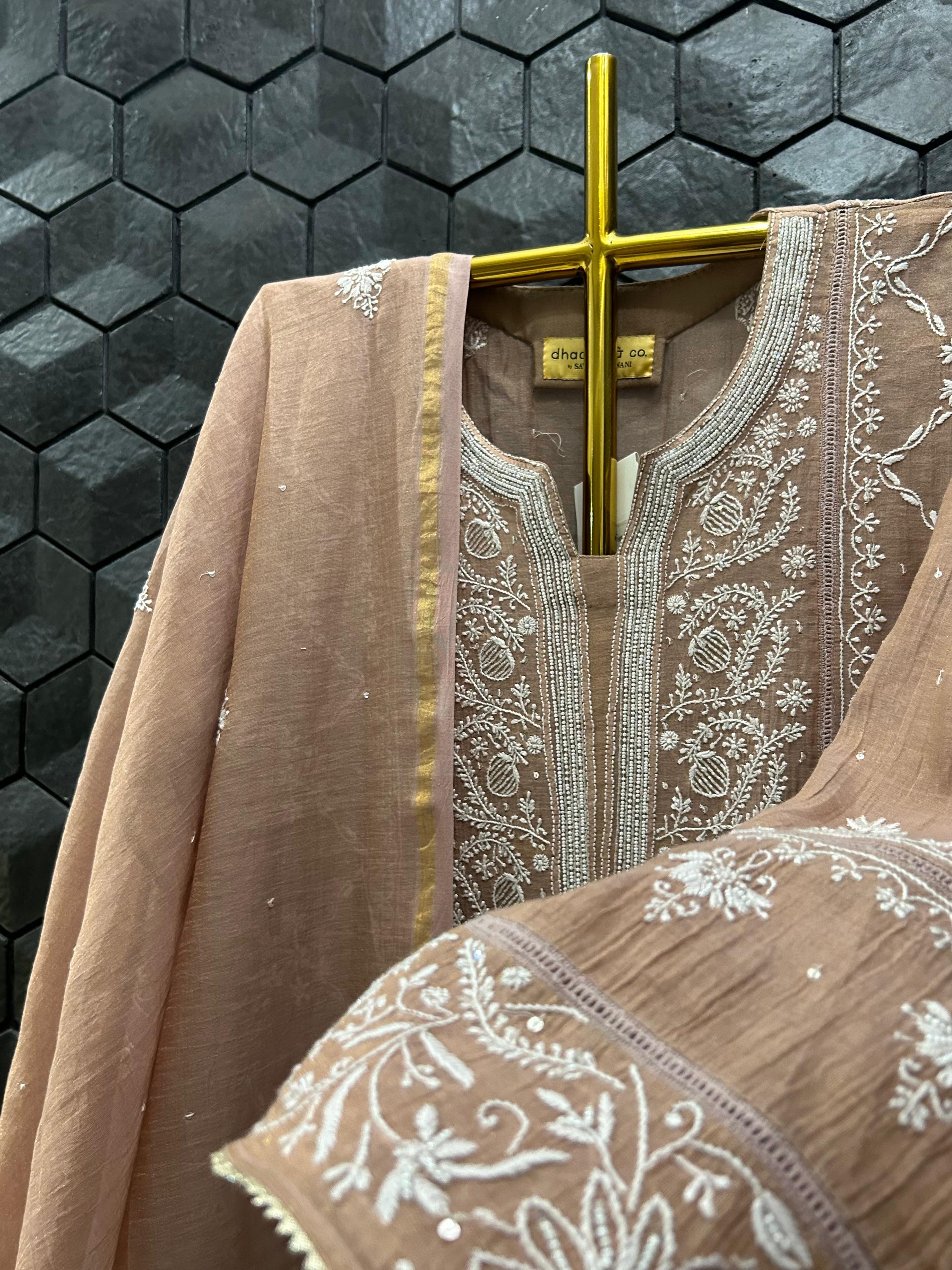 Peach Tissue Chikankari Kurta Set