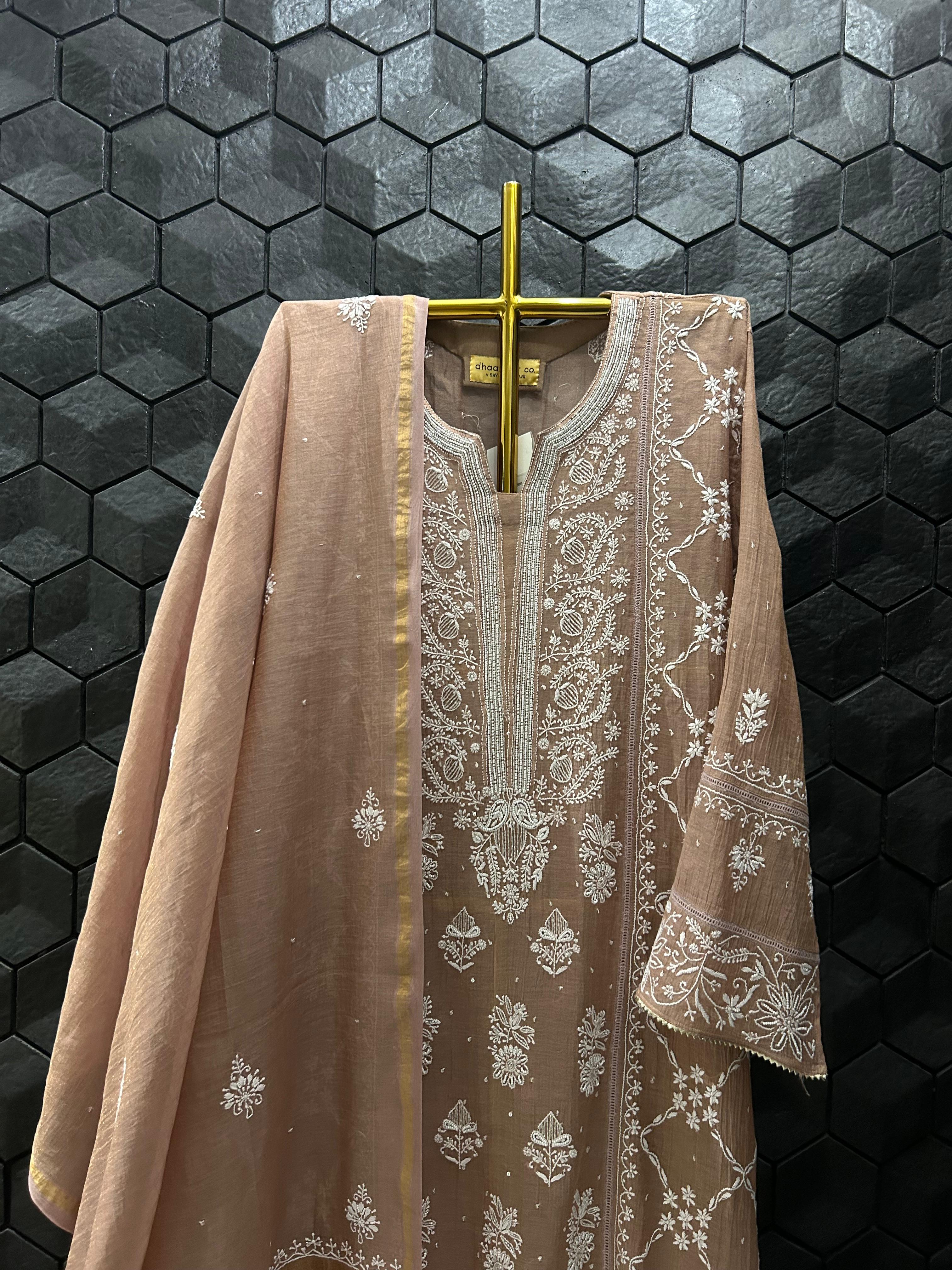 Peach Tissue Chikankari Kurta Set