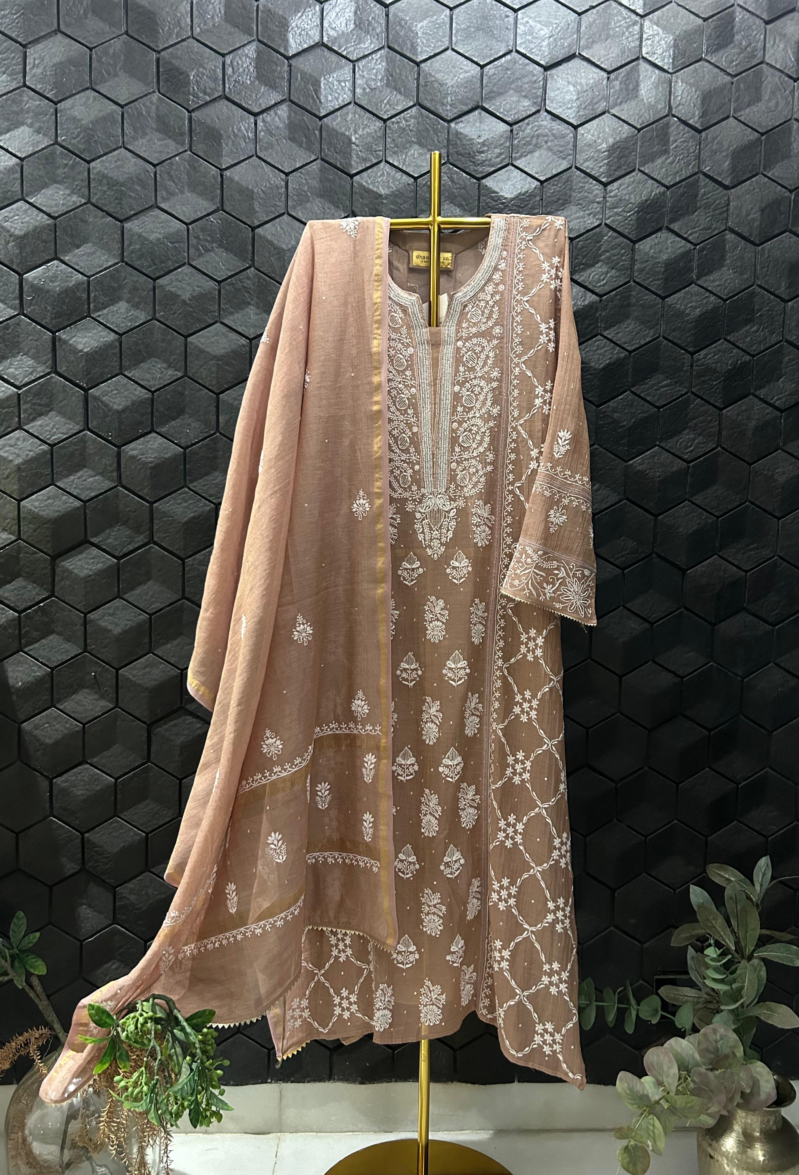 Peach Tissue Chikankari Kurta Set