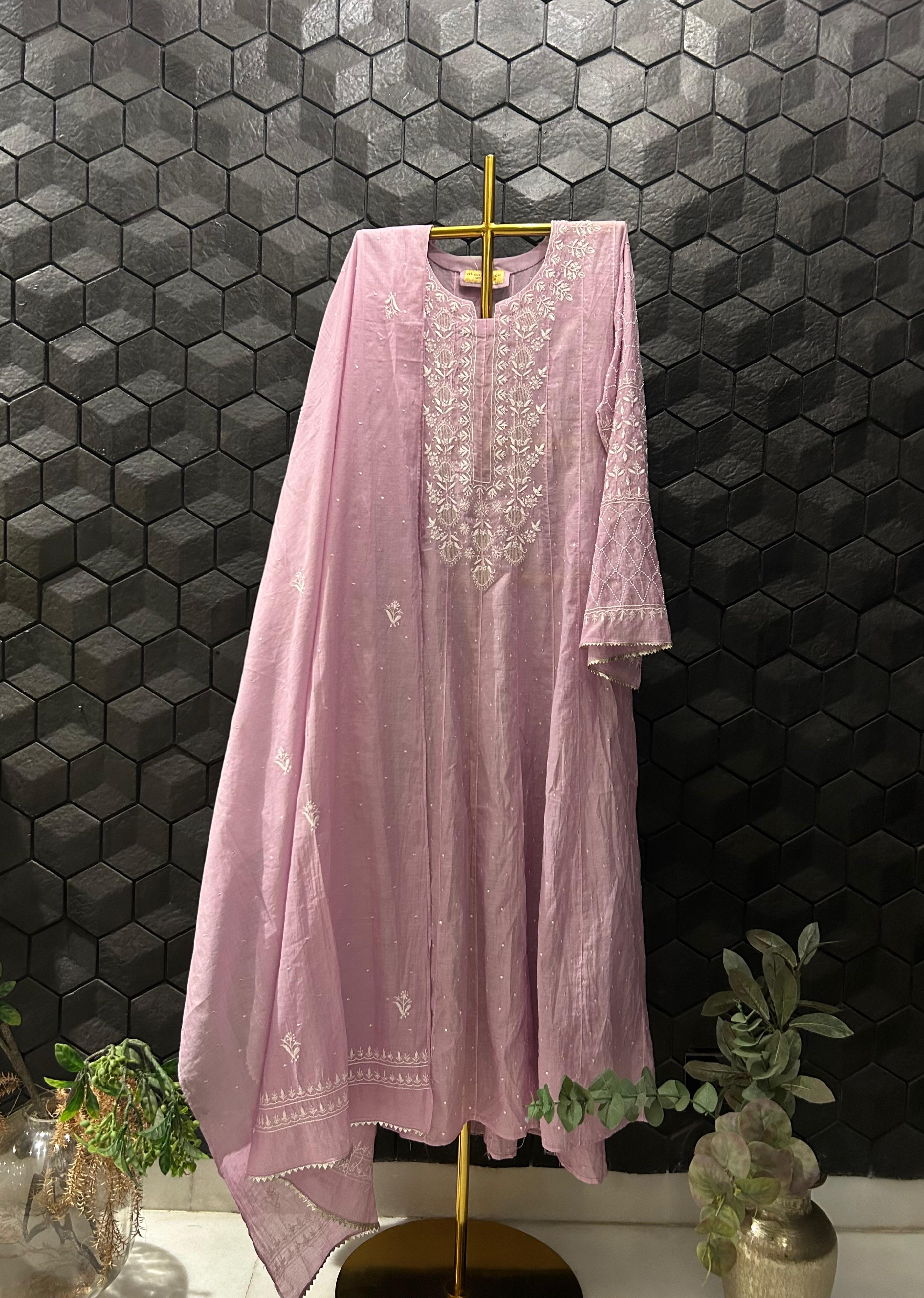 Lavender Chanderi Chikankari Anarkali Set