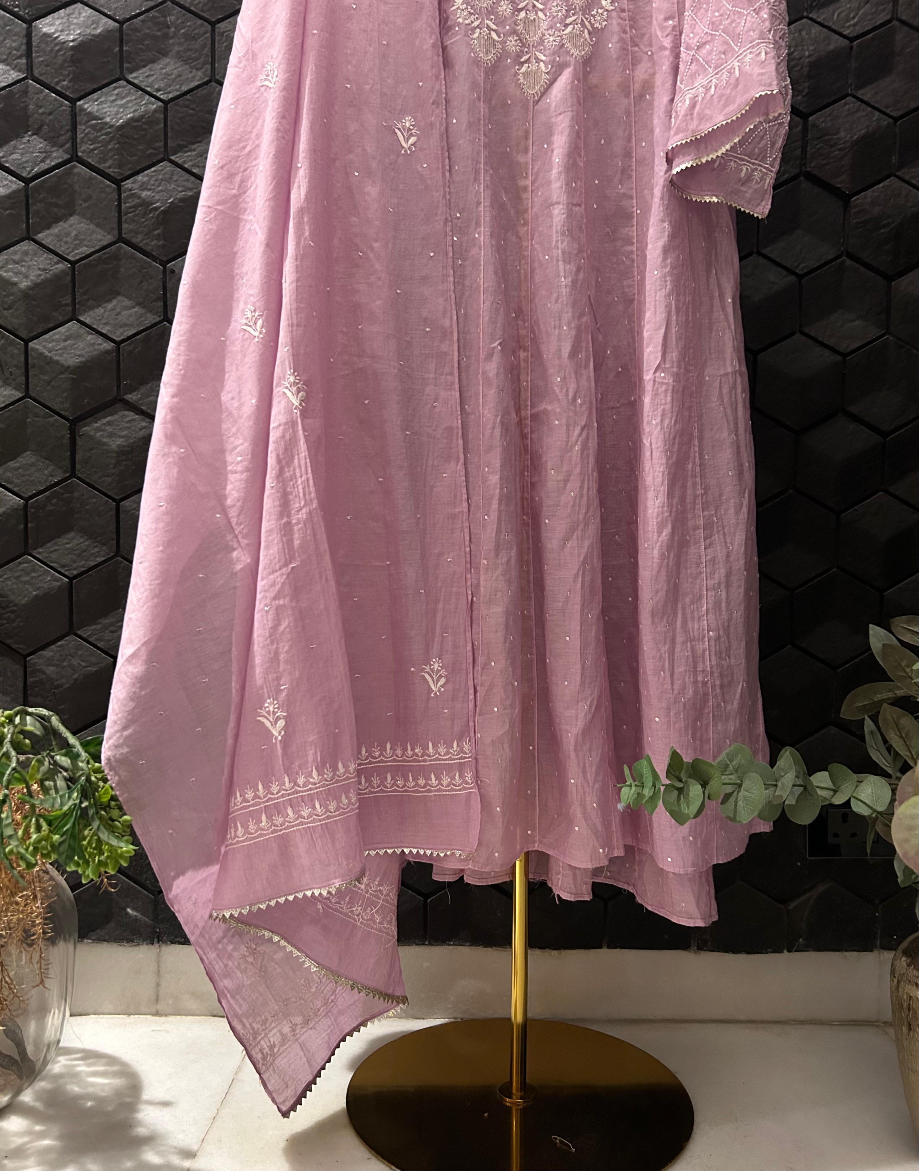 Lavender Chanderi Chikankari Anarkali Set