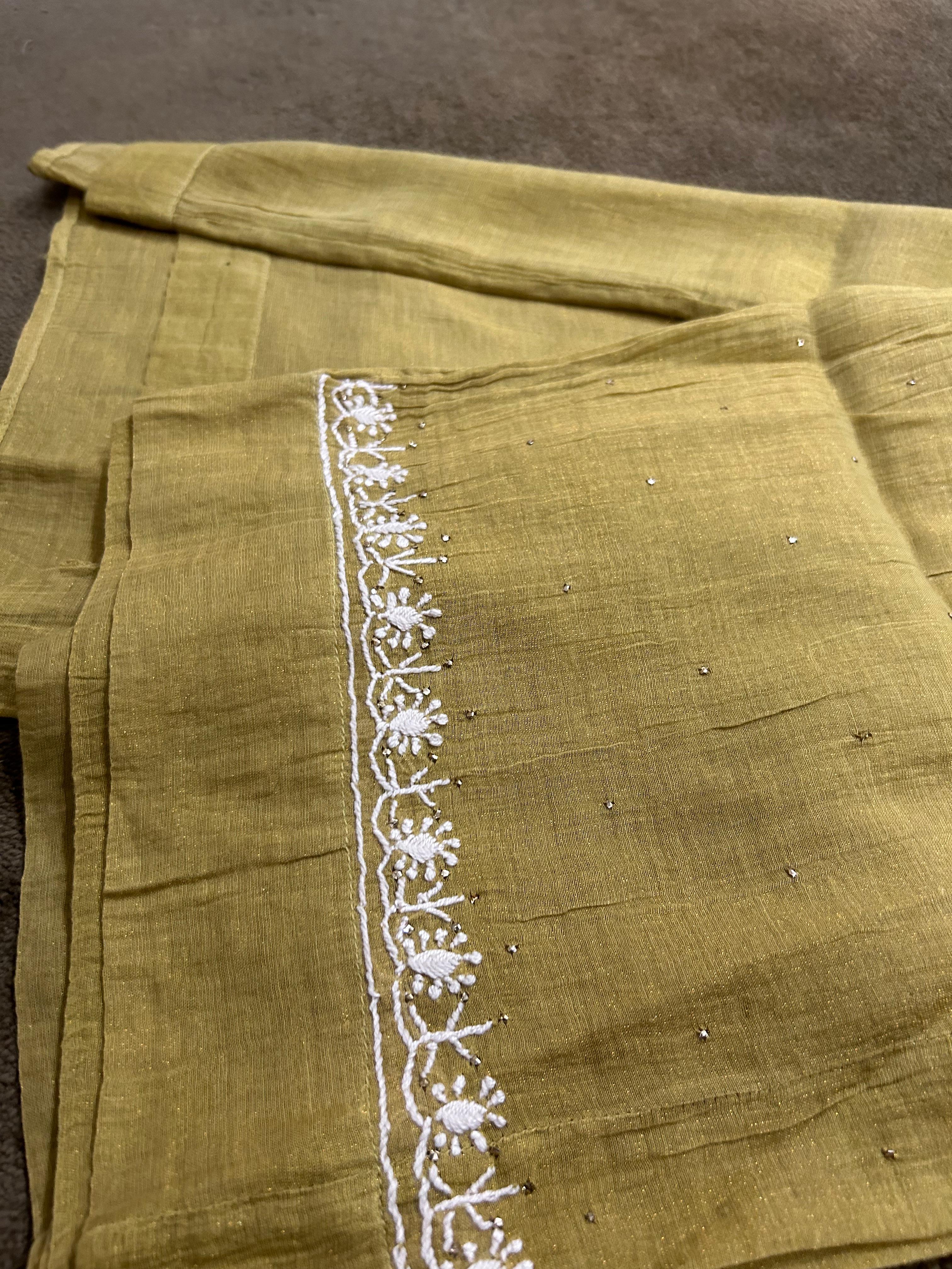 Lime Green Golden Tissue Chikanakri Kurta Set