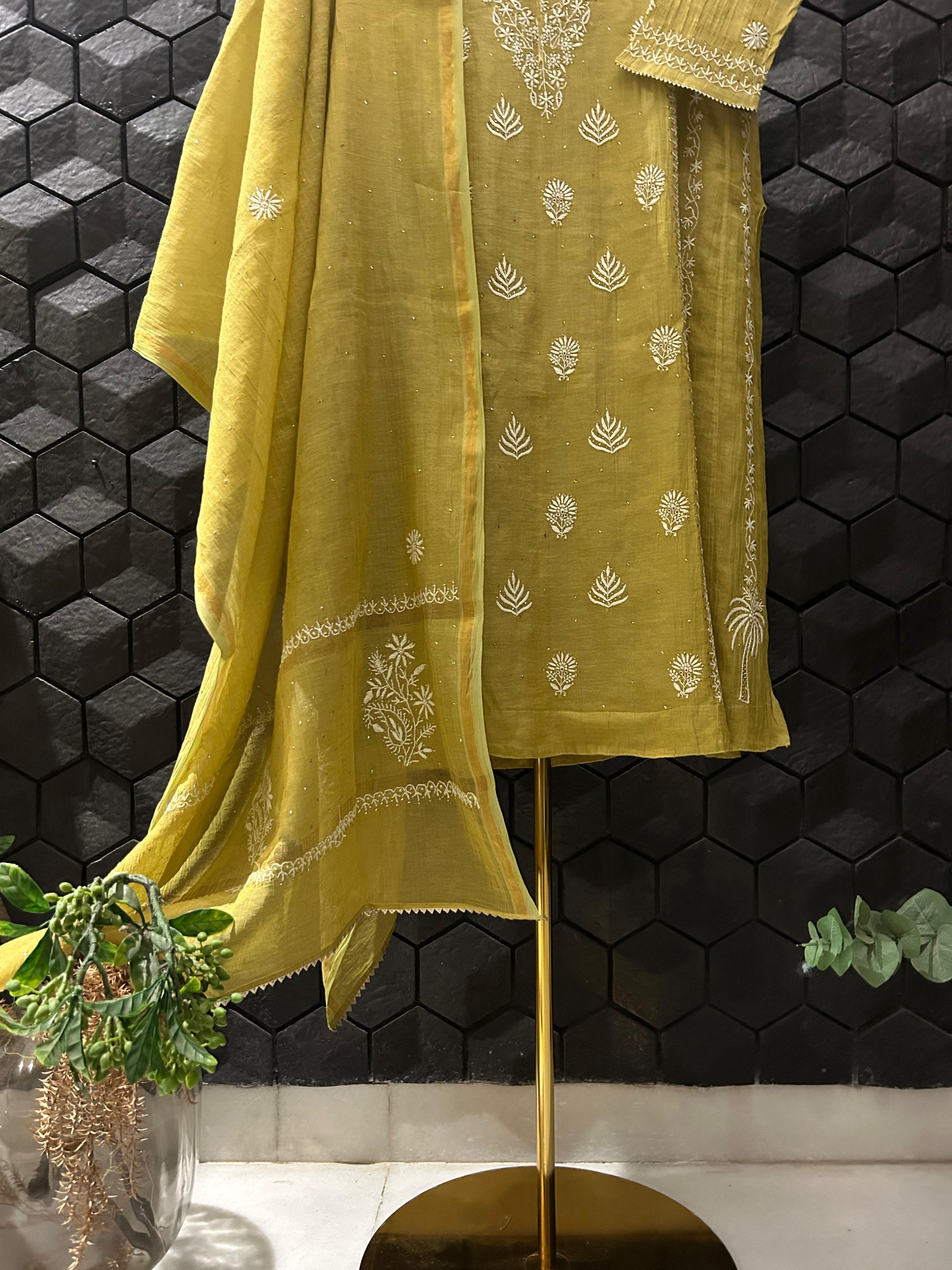 Lime Green Golden Tissue Chikanakri Kurta Set