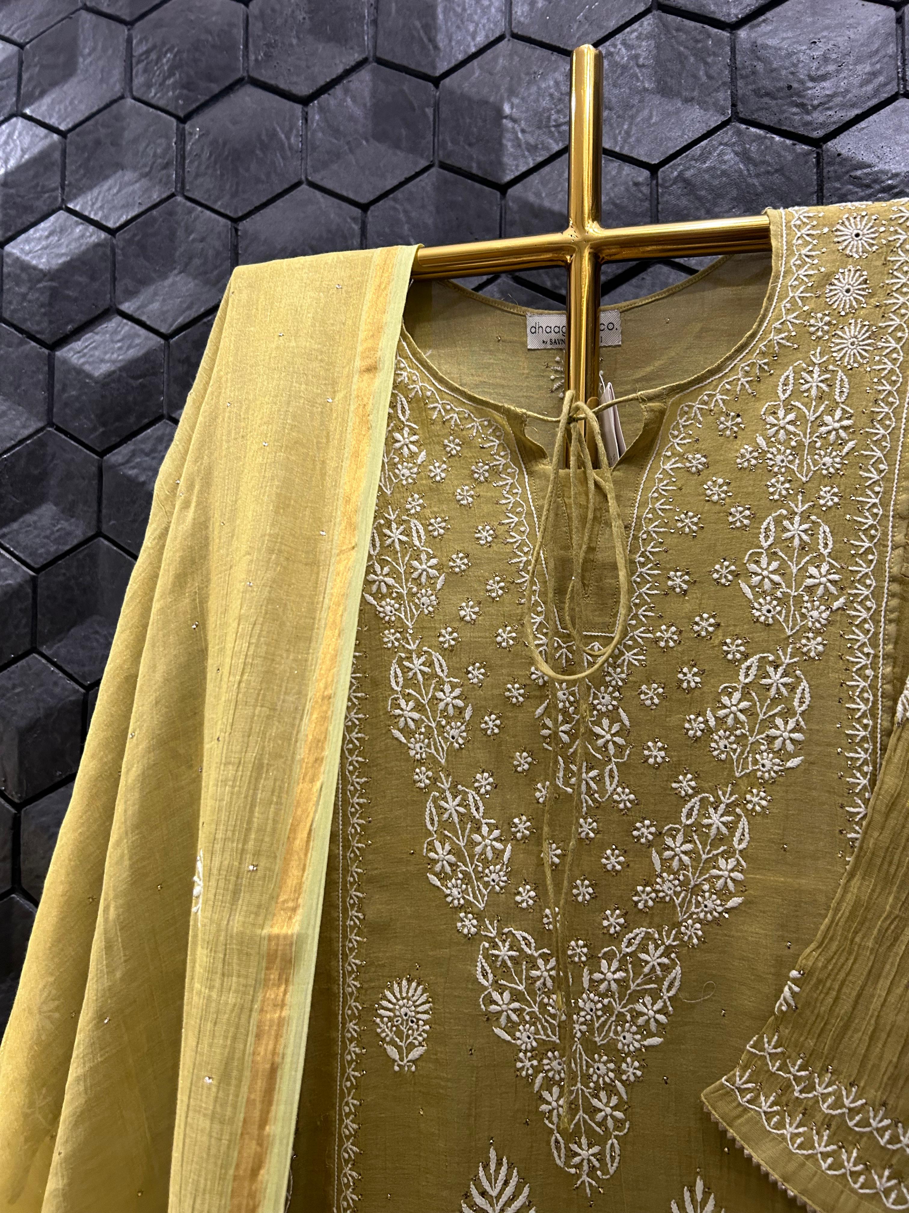 Lime Green Golden Tissue Chikanakri Kurta Set