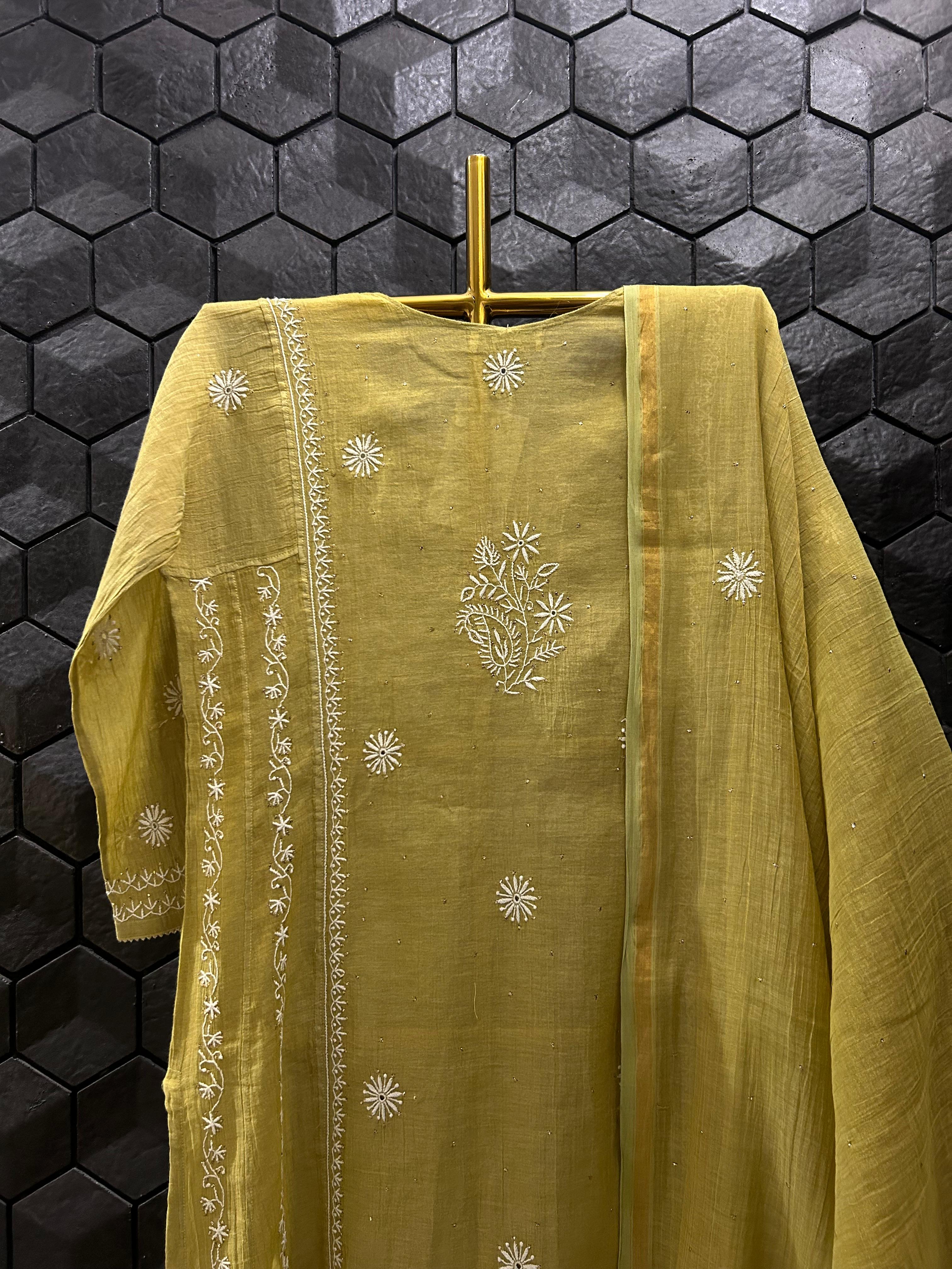 Lime Green Golden Tissue Chikanakri Kurta Set