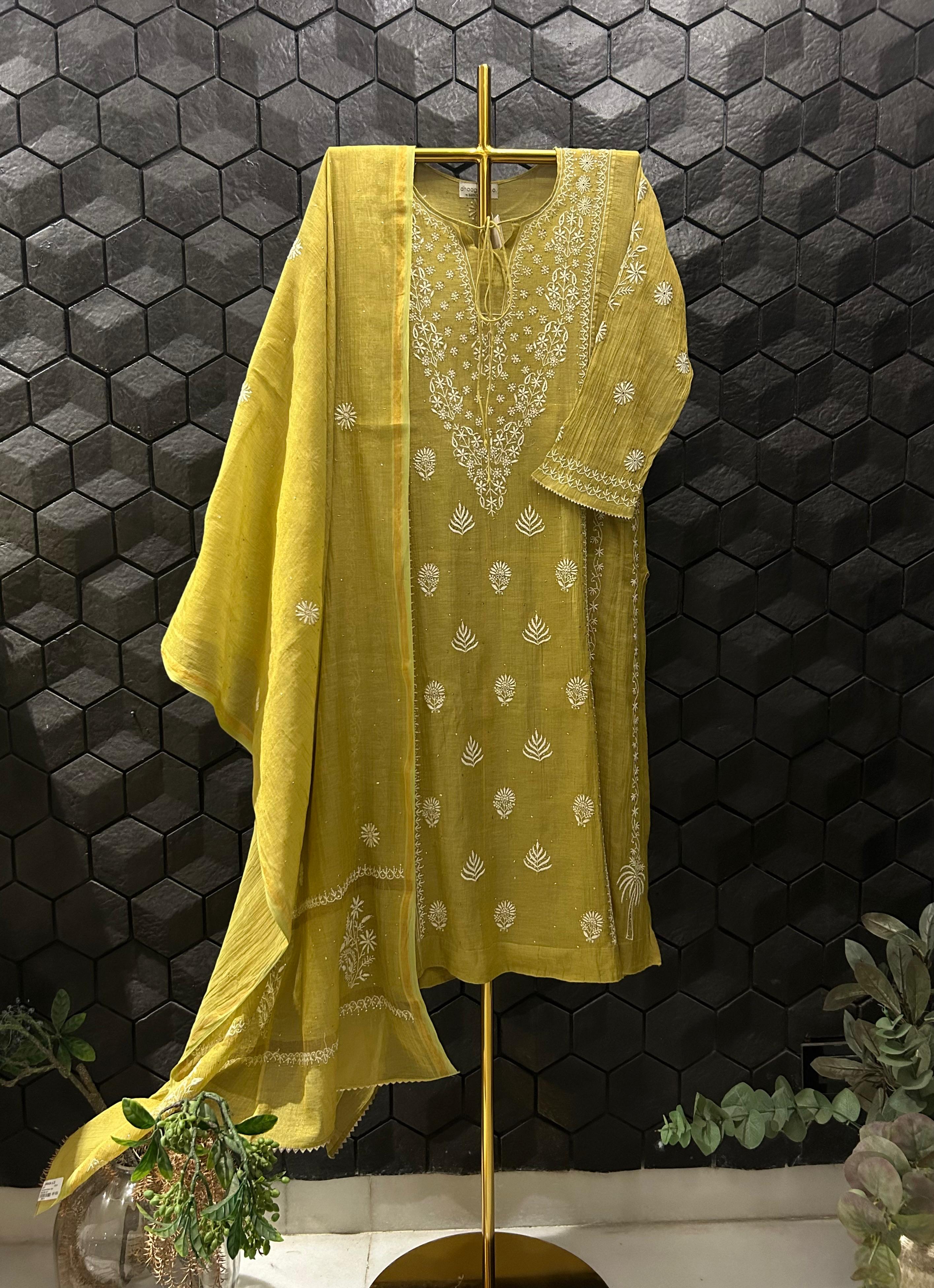 Lime Green Golden Tissue Chikanakri Kurta Set