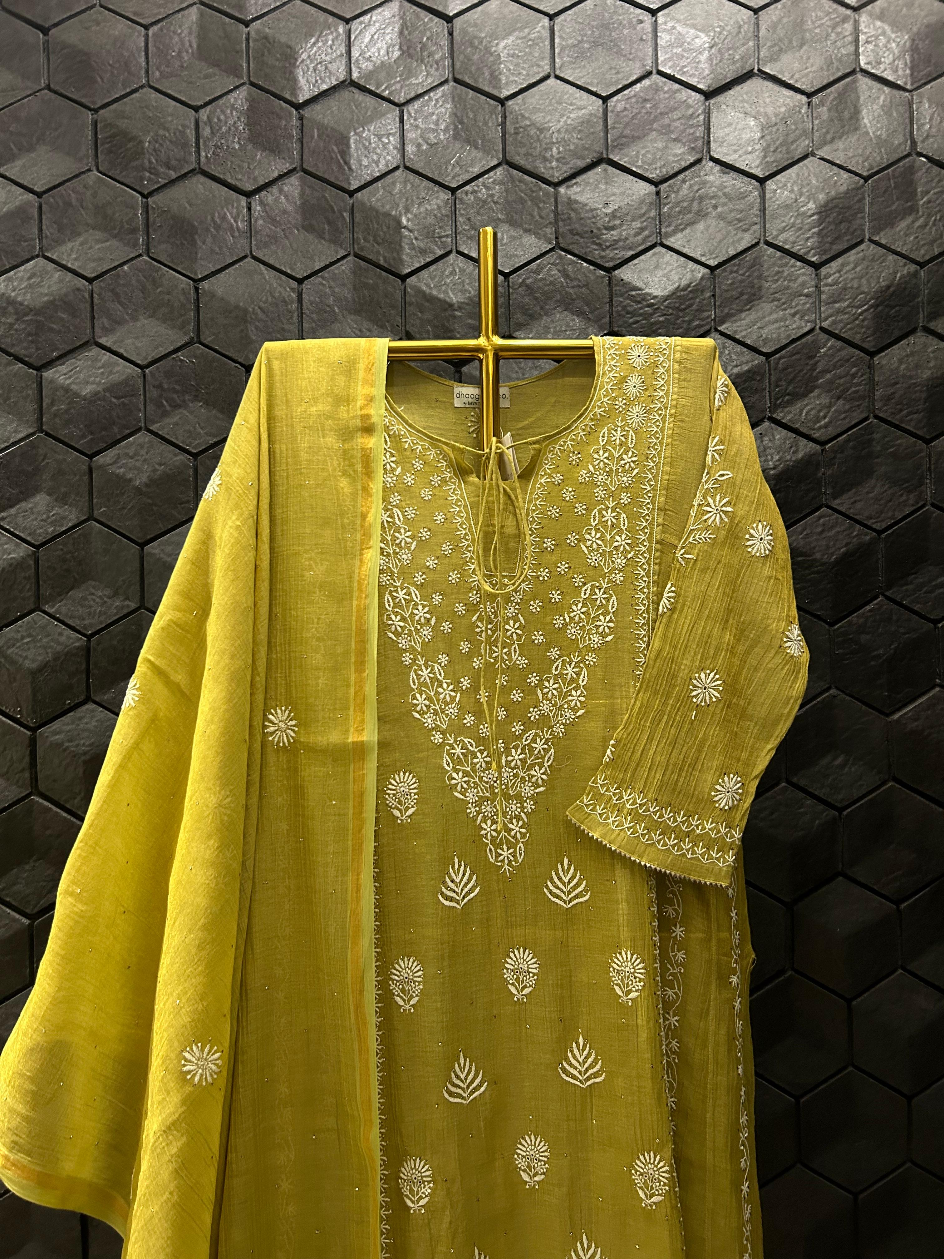 Lime Green Golden Tissue Chikanakri Kurta Set