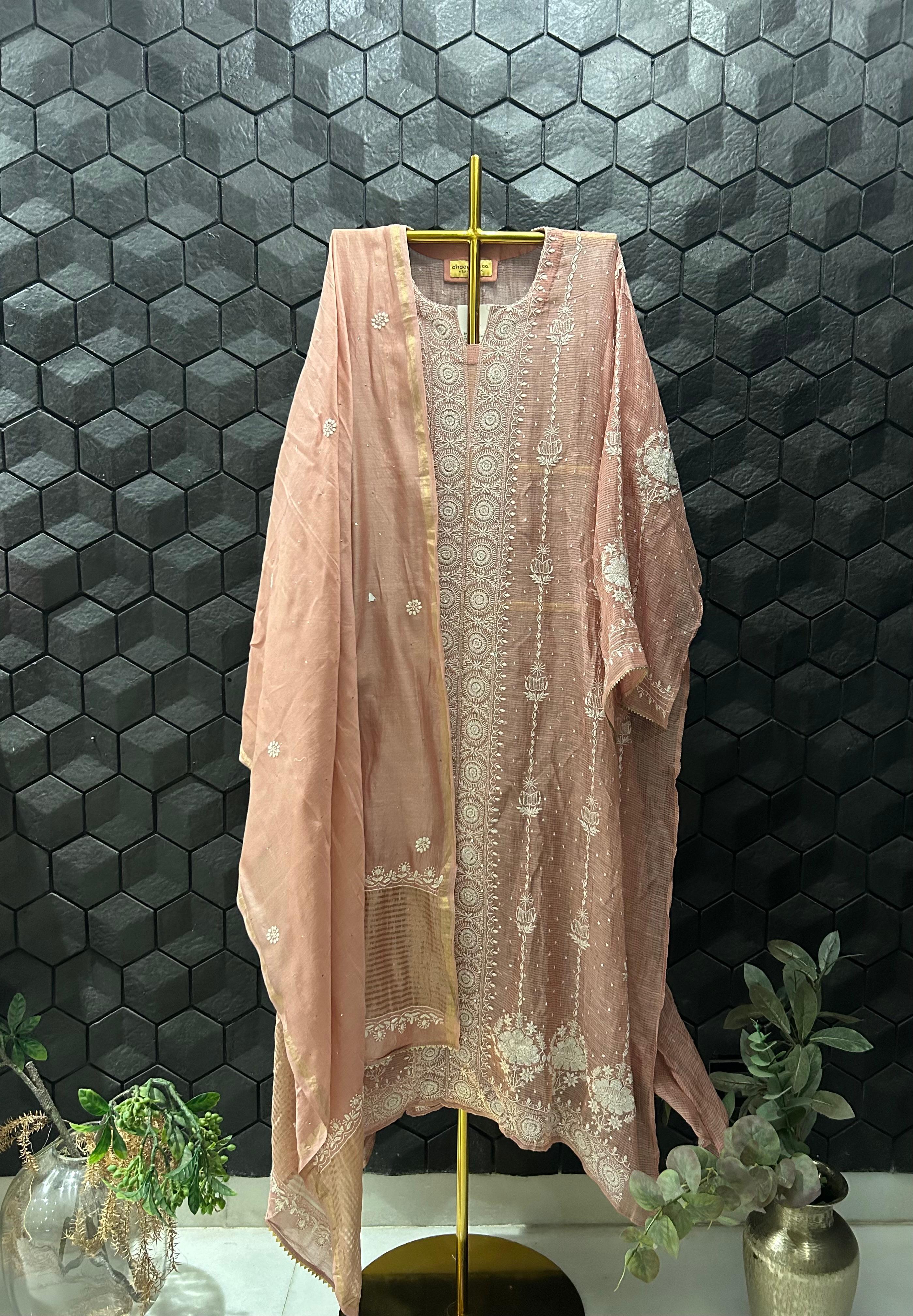 Onion Pink Tissue Kota Chikankari Kurta Set