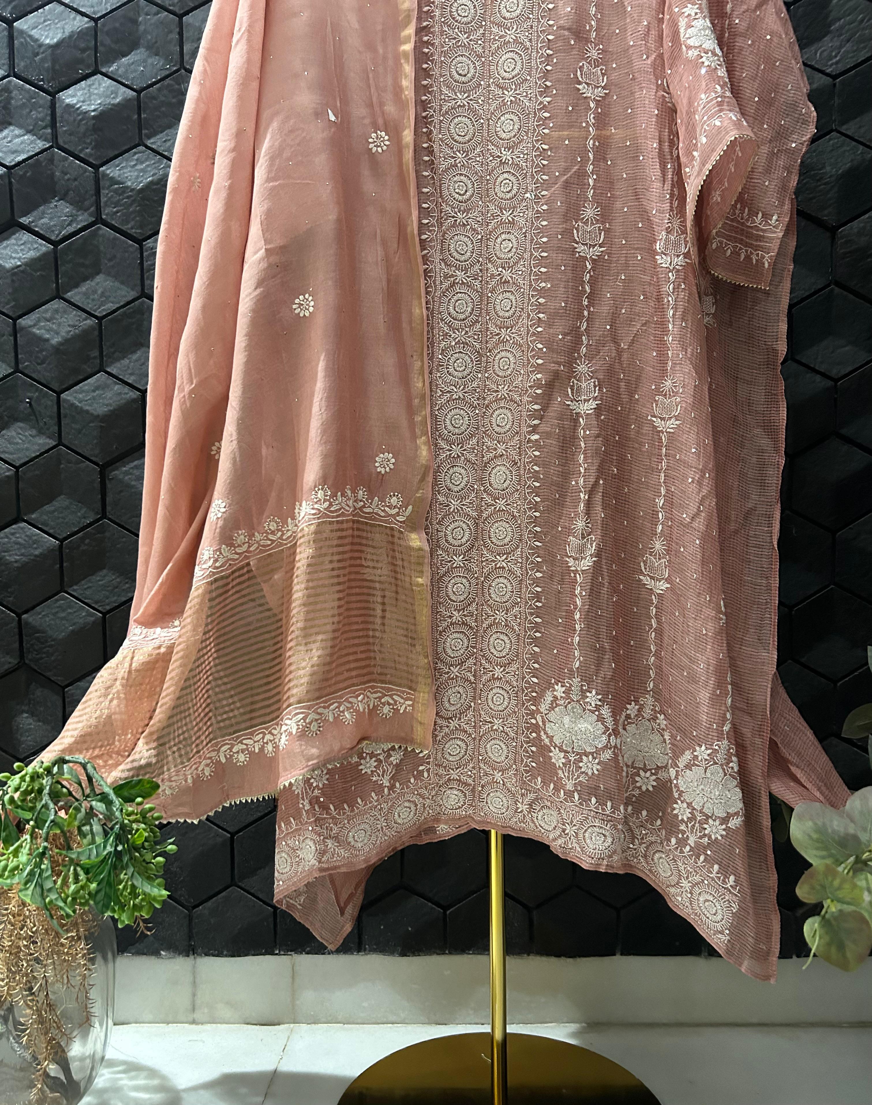 Onion Pink Tissue Kota Chikankari Kurta Set