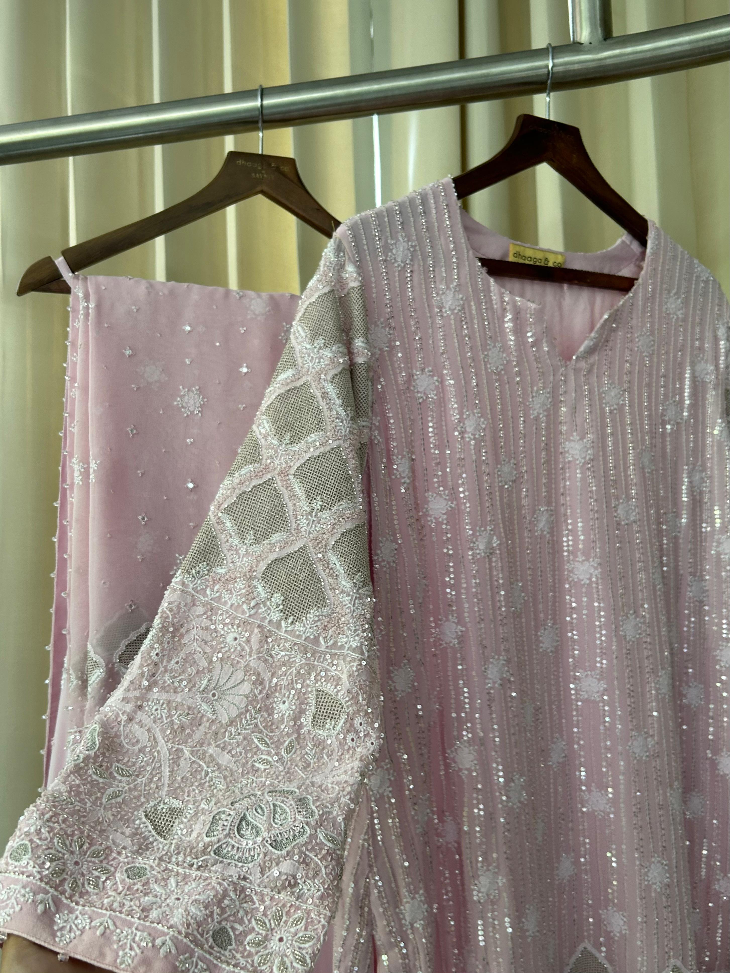 Pink Georgette Ek-taar Chikankari Sharara Set