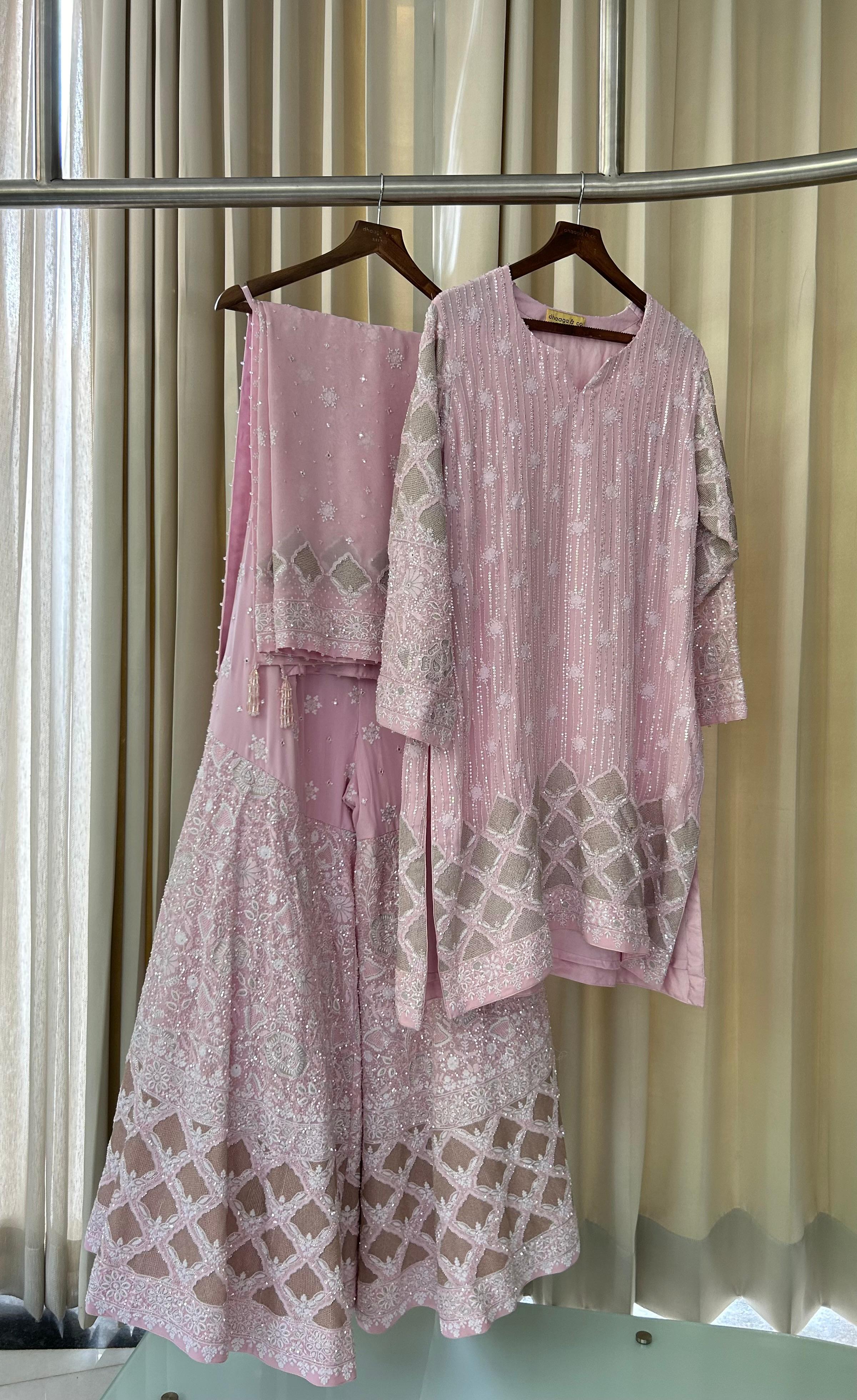 Pink Georgette Ek-taar Chikankari Sharara Set