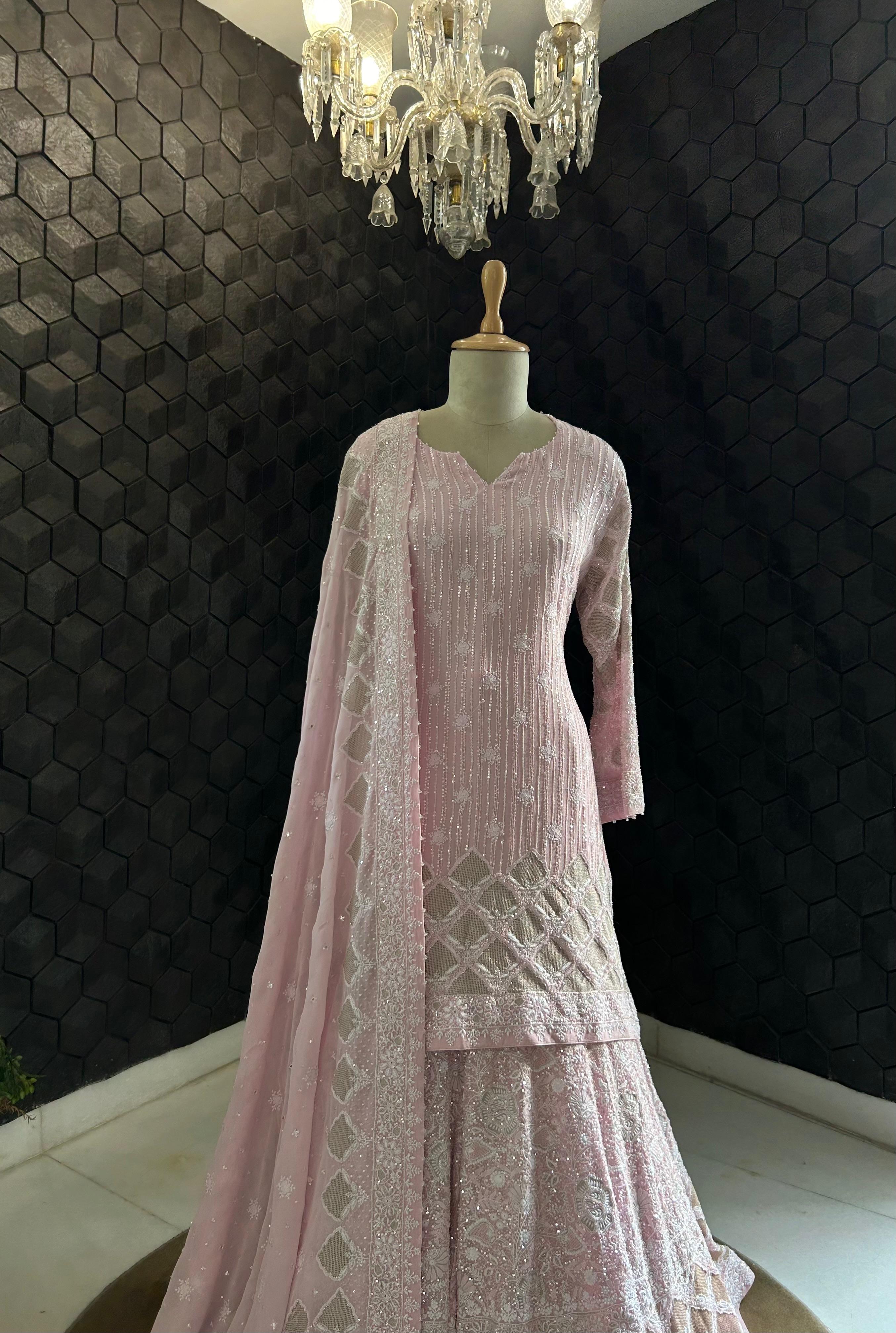 Pink Georgette Ek-taar Chikankari Sharara Set