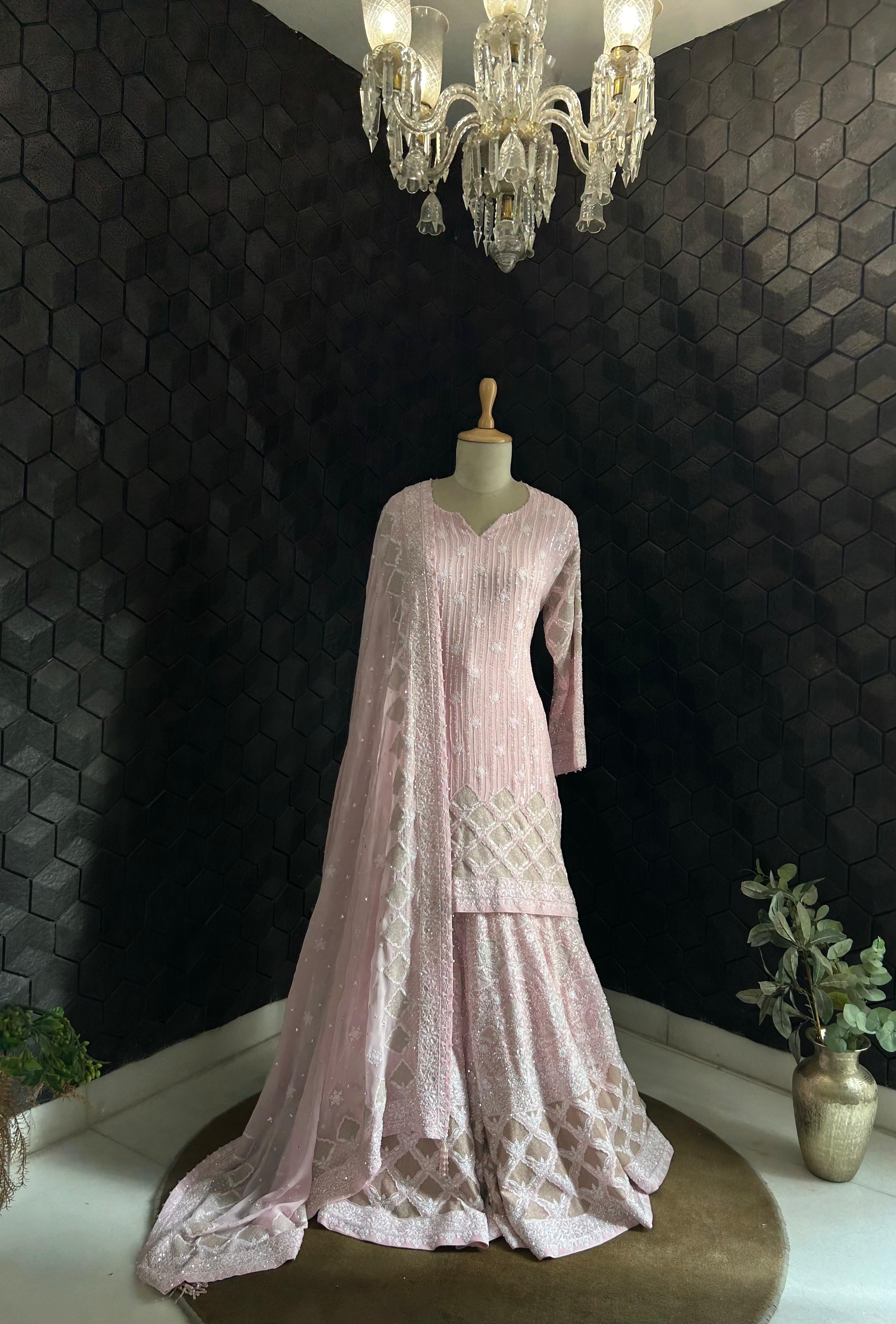 Pink Georgette Ek-taar Chikankari Sharara Set