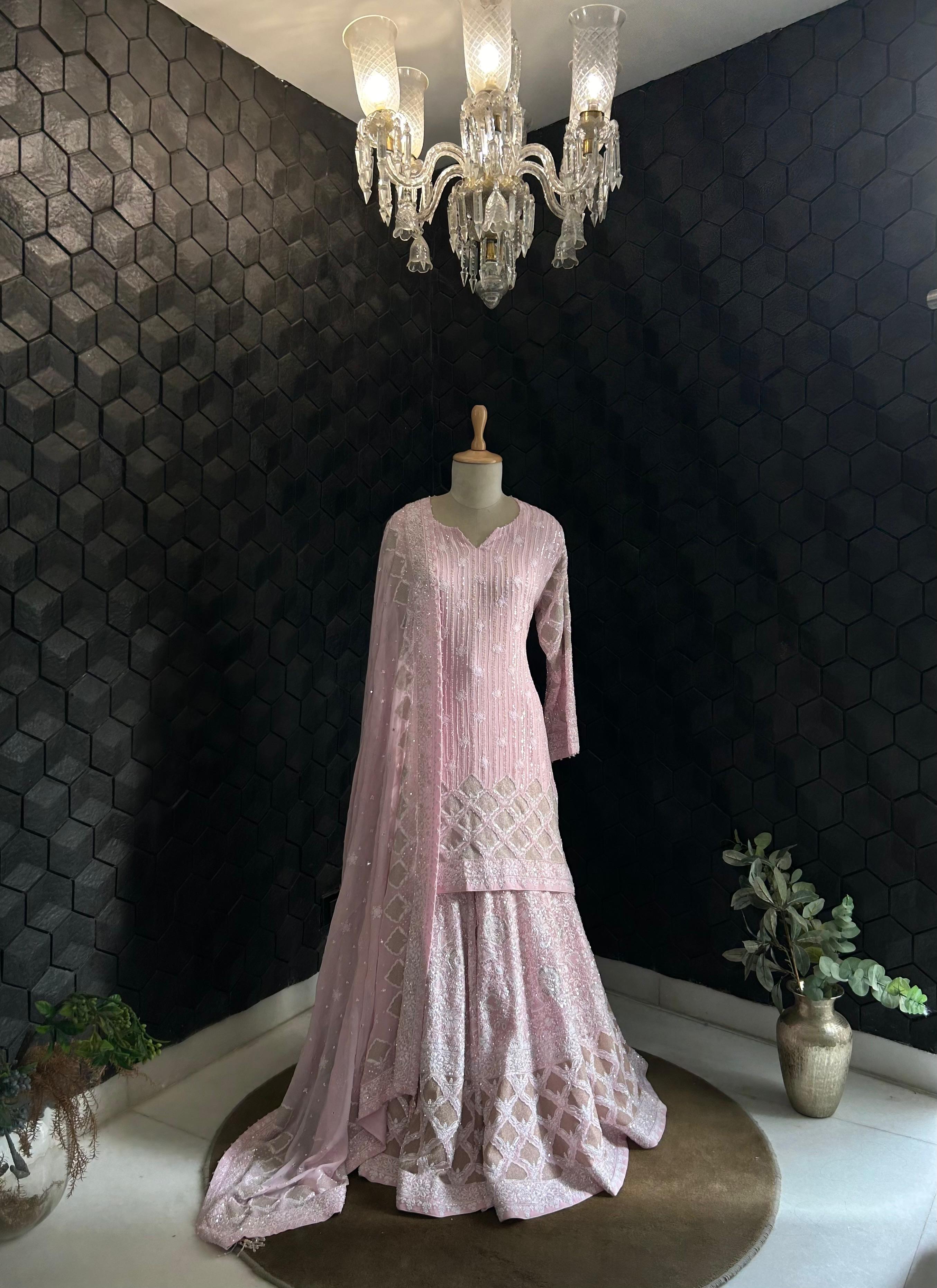 Pink Georgette Ek-taar Chikankari Sharara Set