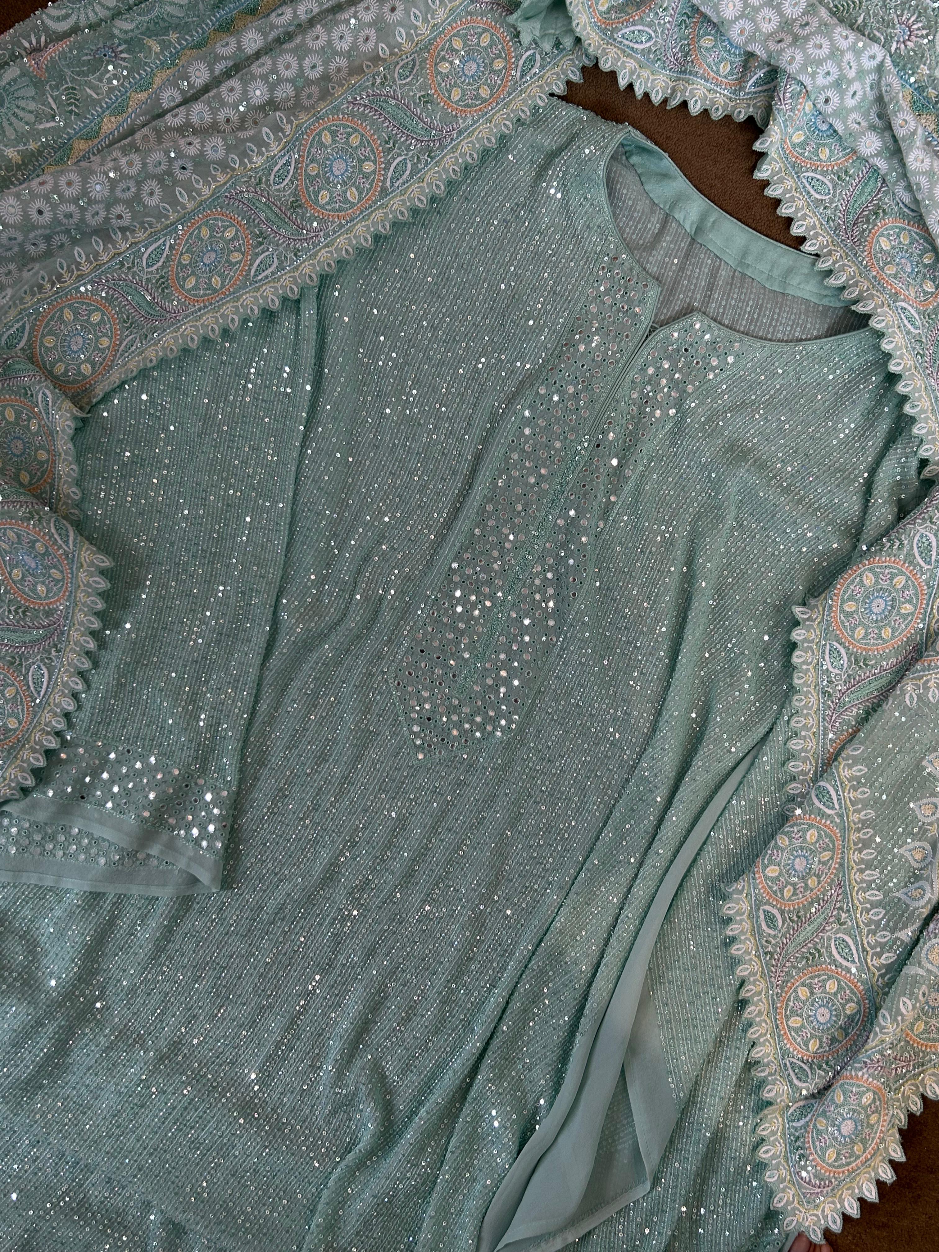 Green Ek-taar Chikankari Heavy Dupatta and Kurta Set