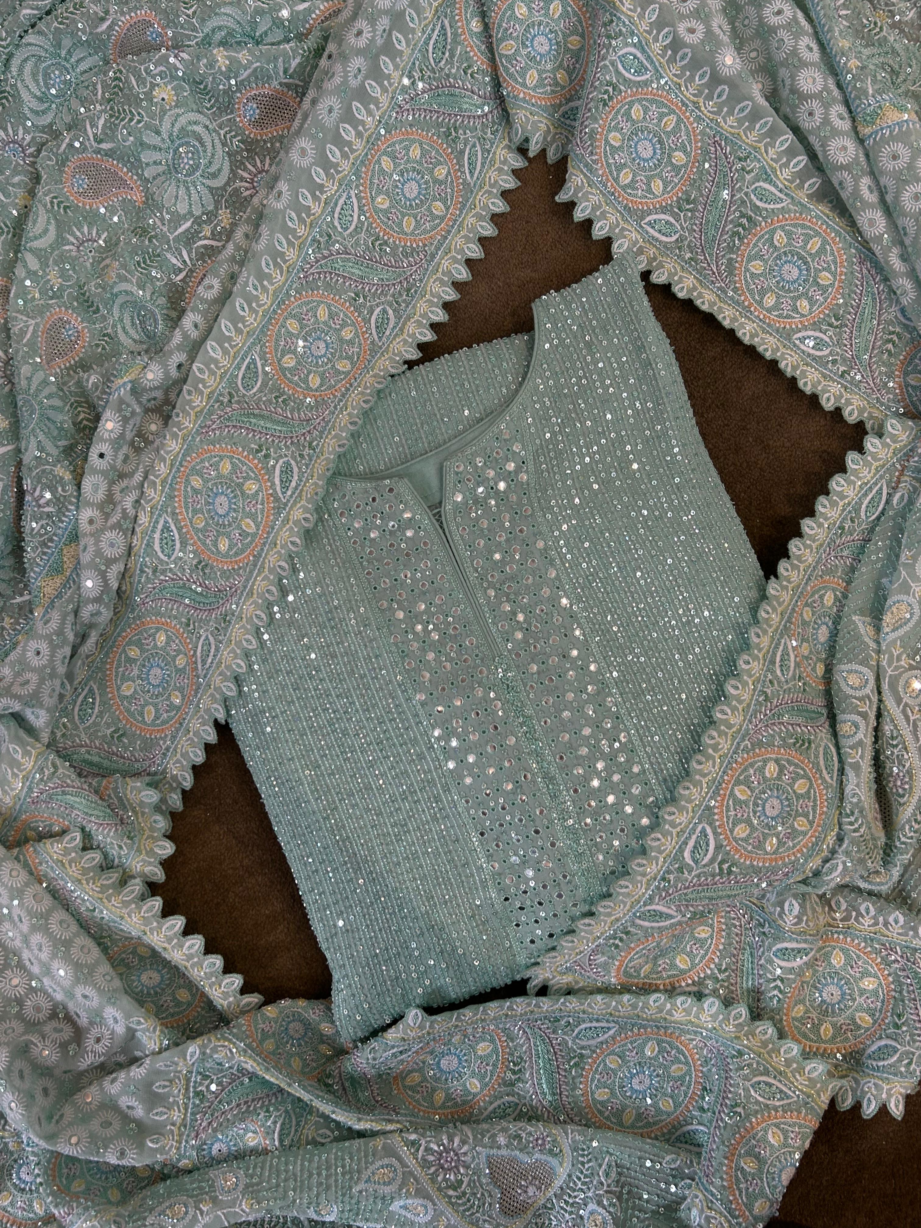 Green Ek-taar Chikankari Heavy Dupatta and Kurta Set