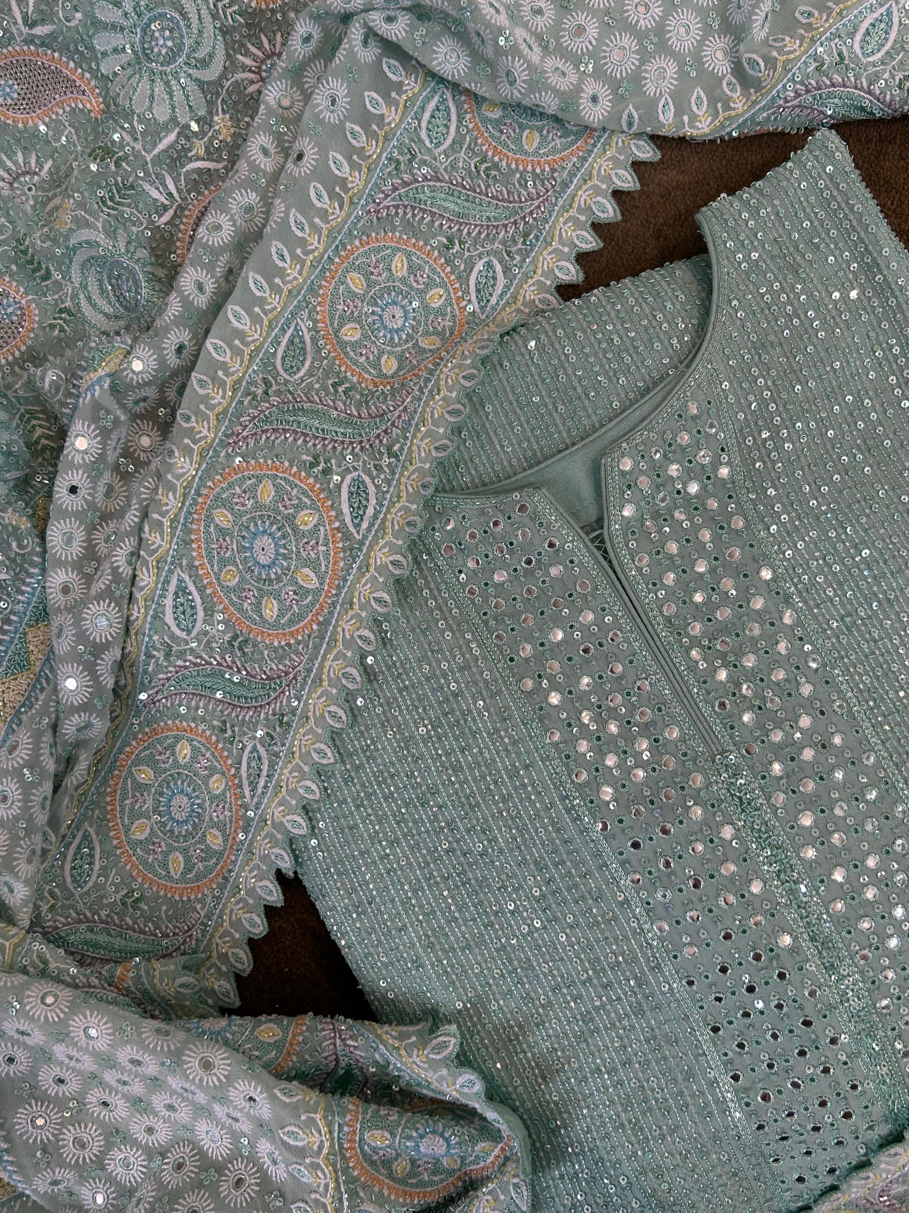 Green Ek-taar Chikankari Heavy Dupatta and Kurta Set