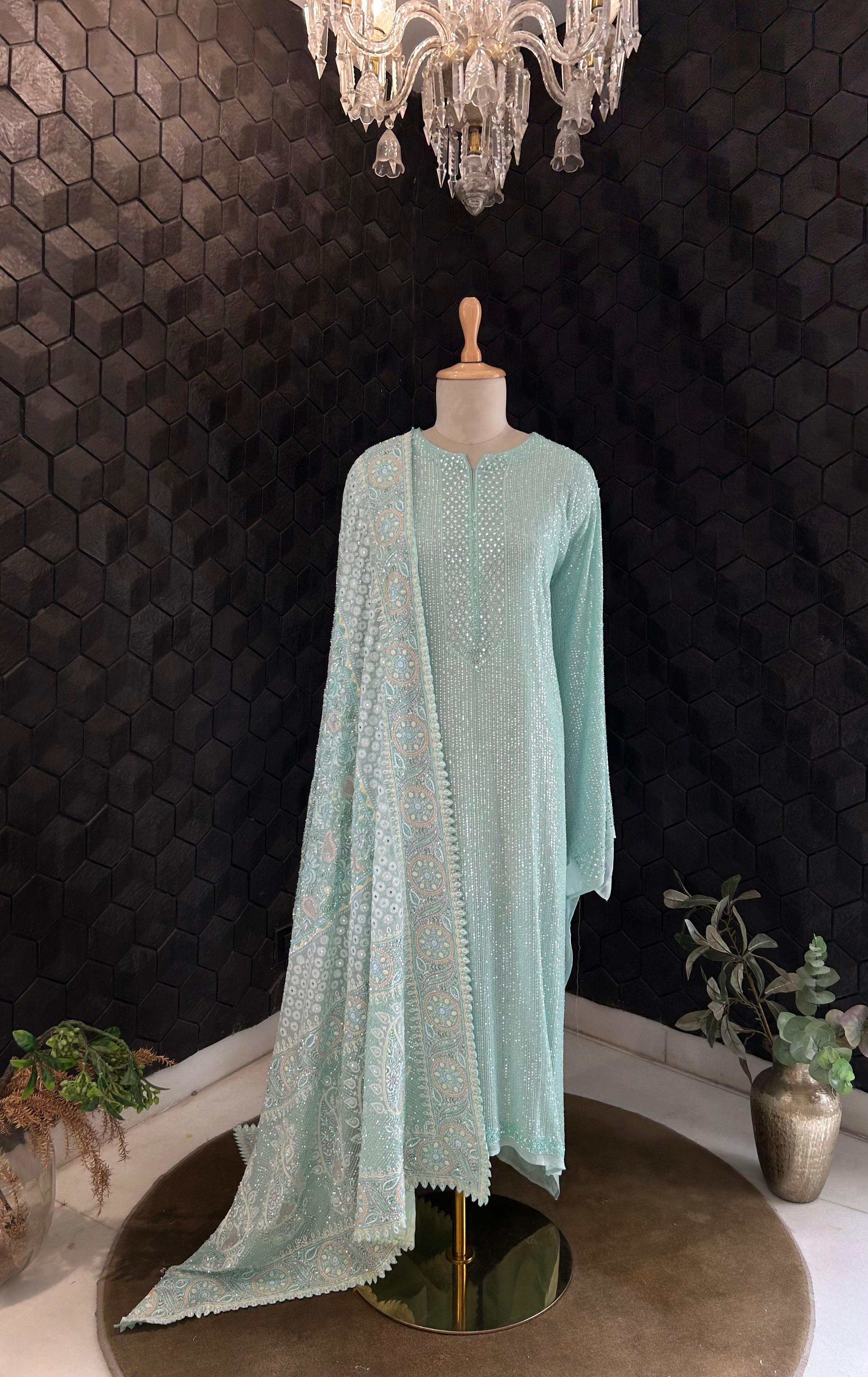 Green Ek-taar Chikankari Heavy Dupatta and Kurta Set