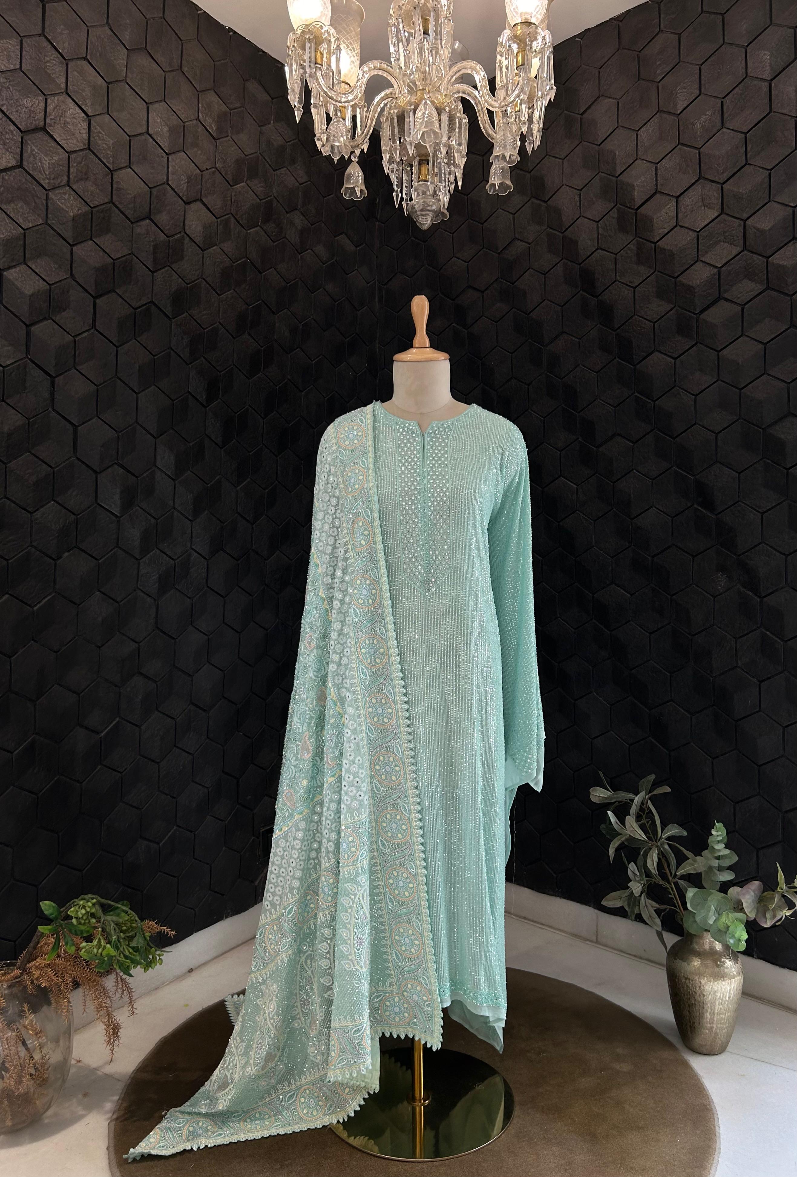 Green Ek-taar Chikankari Heavy Dupatta and Kurta Set