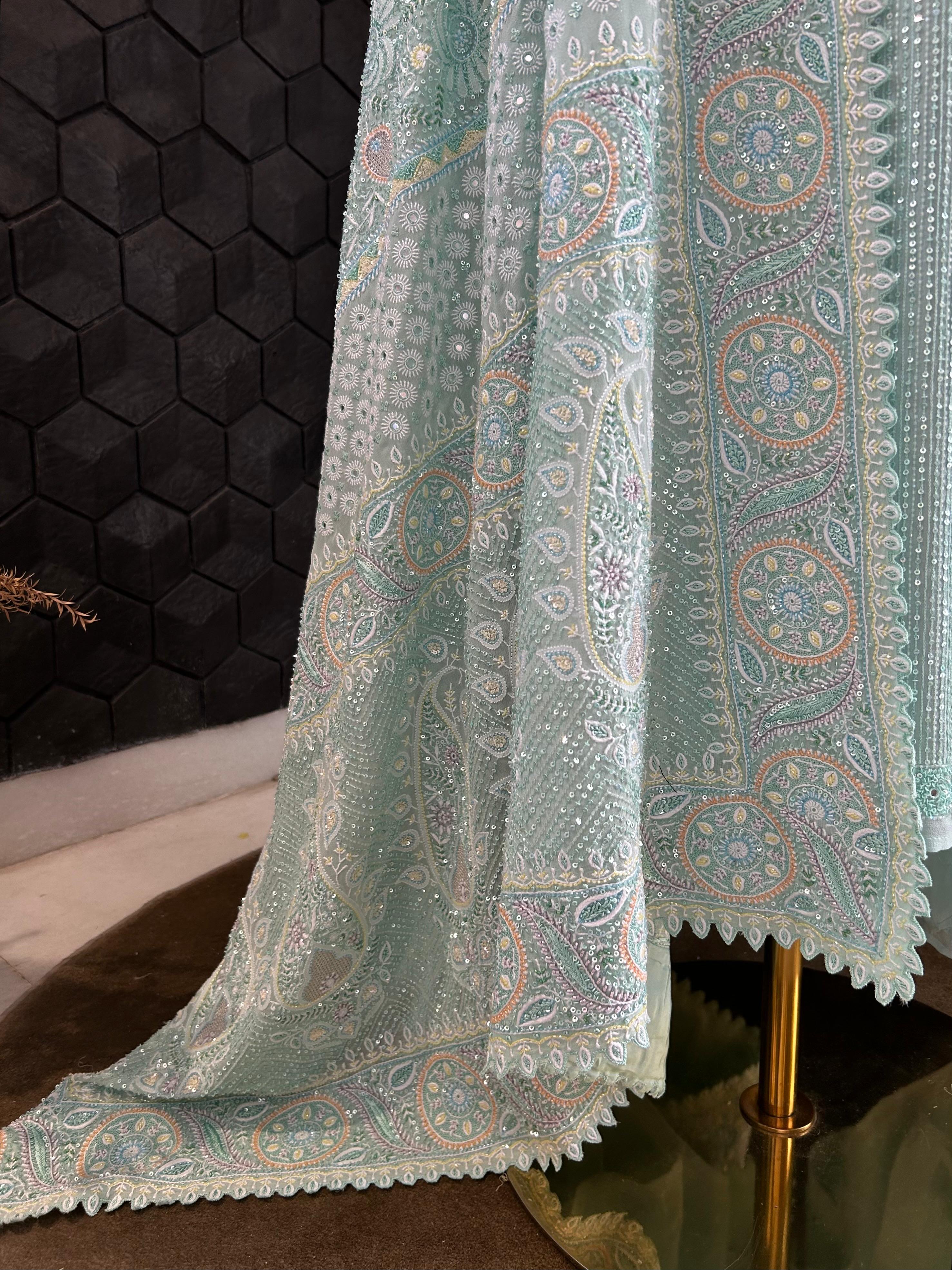 Green Ek-taar Chikankari Heavy Dupatta and Kurta Set