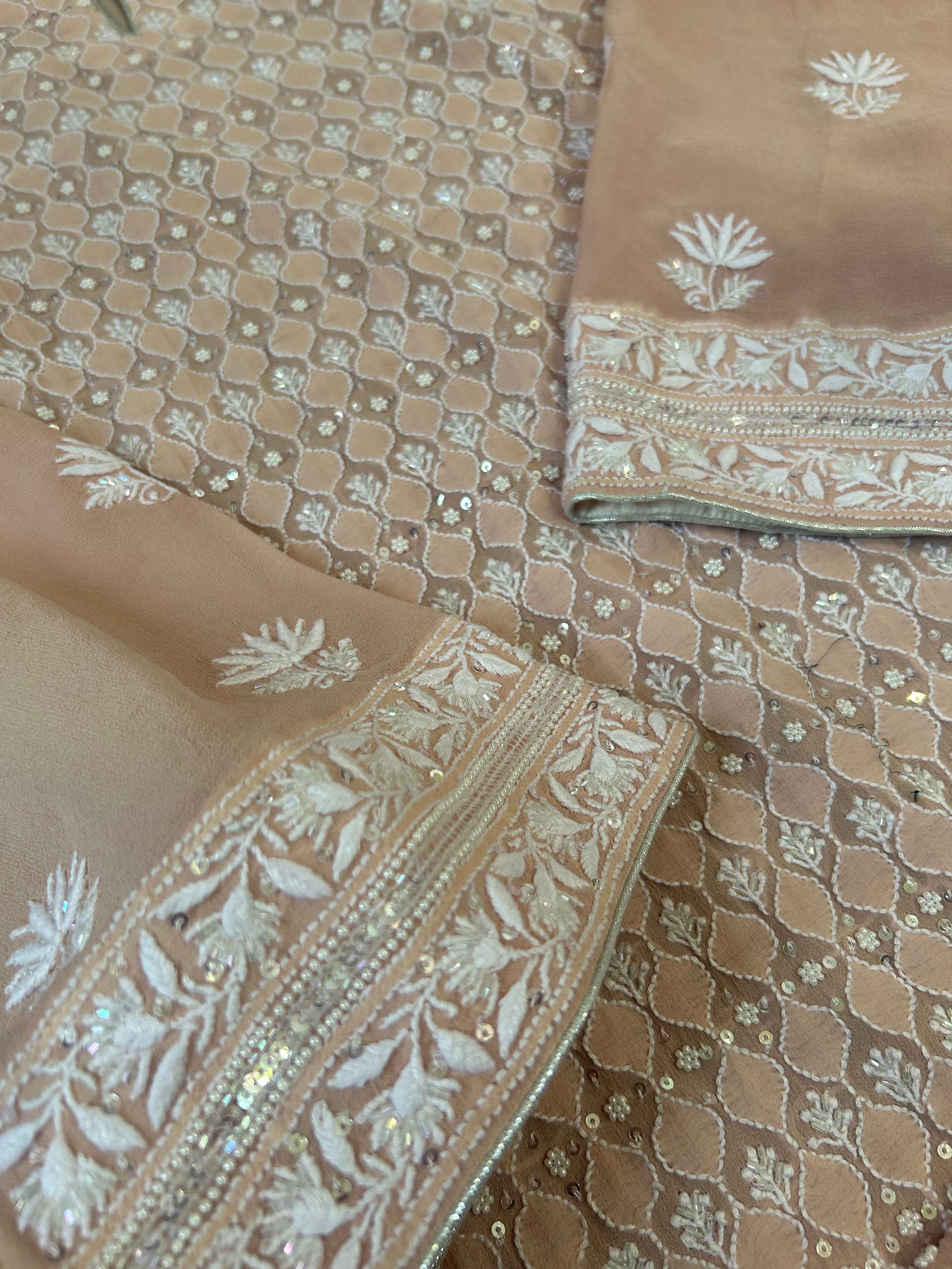 Peach Ek-taar Georgette Chikankari Kurta Set