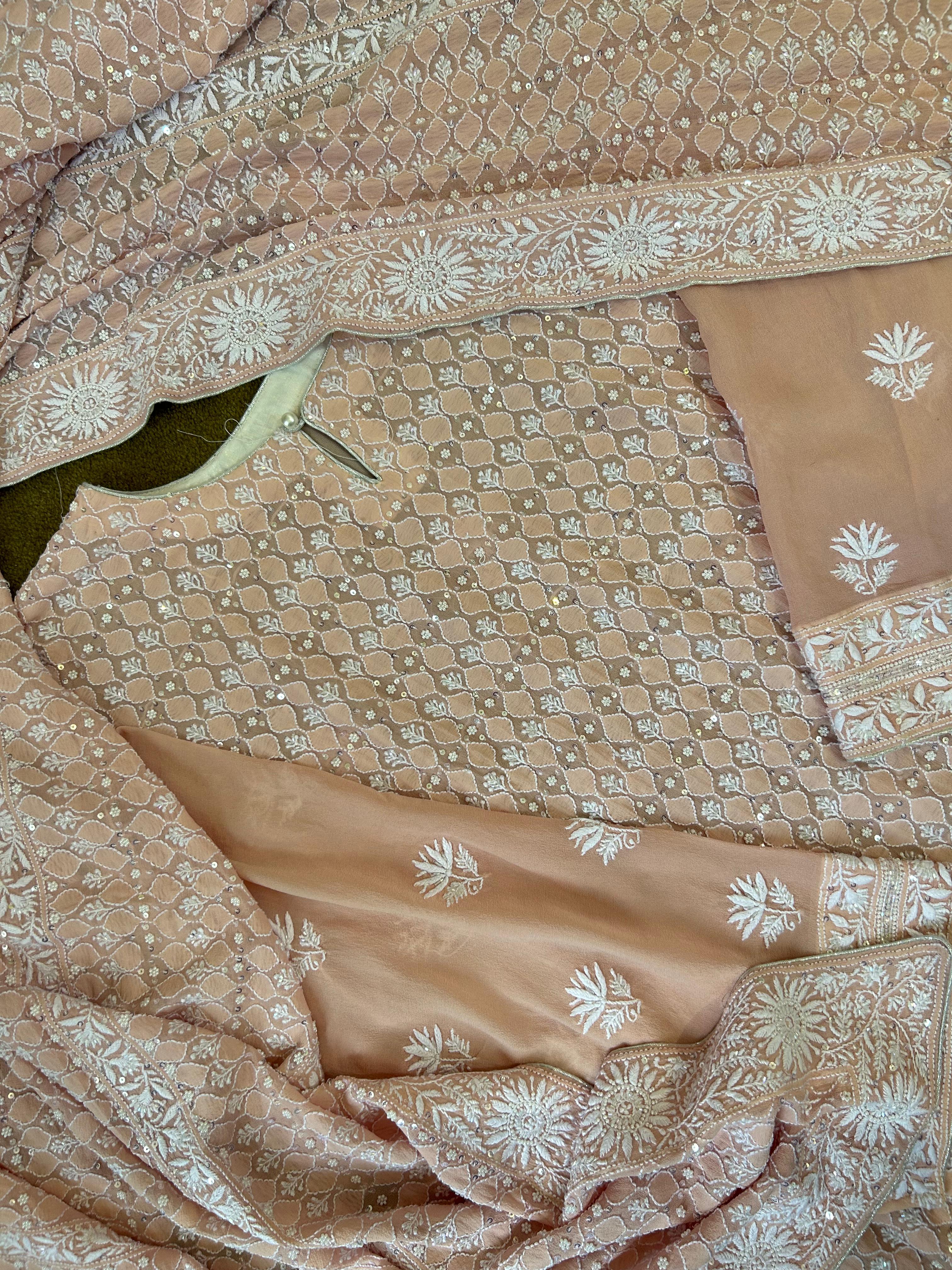 Peach Ek-taar Georgette Chikankari Kurta Set