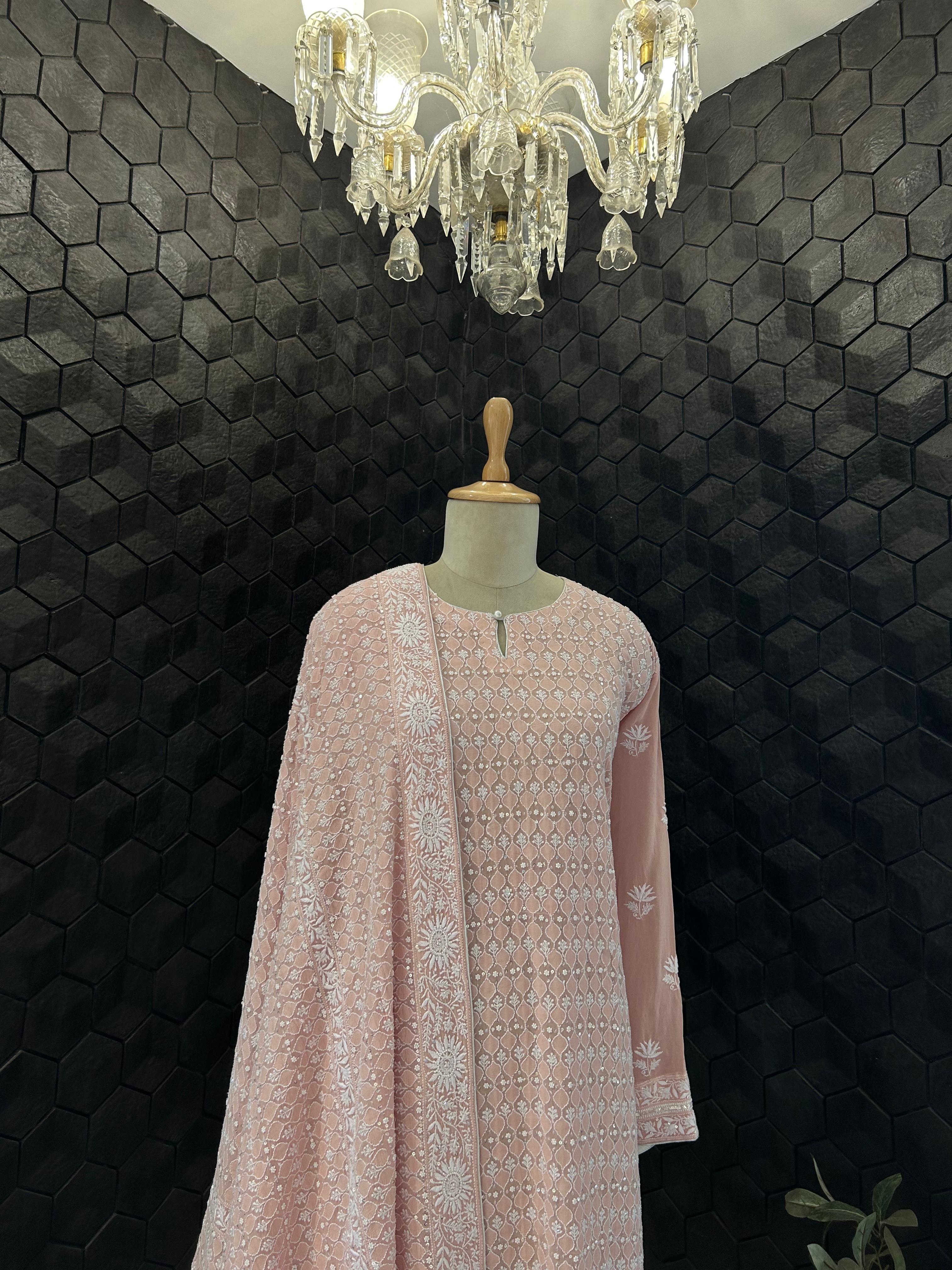 Peach Ek-taar Georgette Chikankari Kurta Set