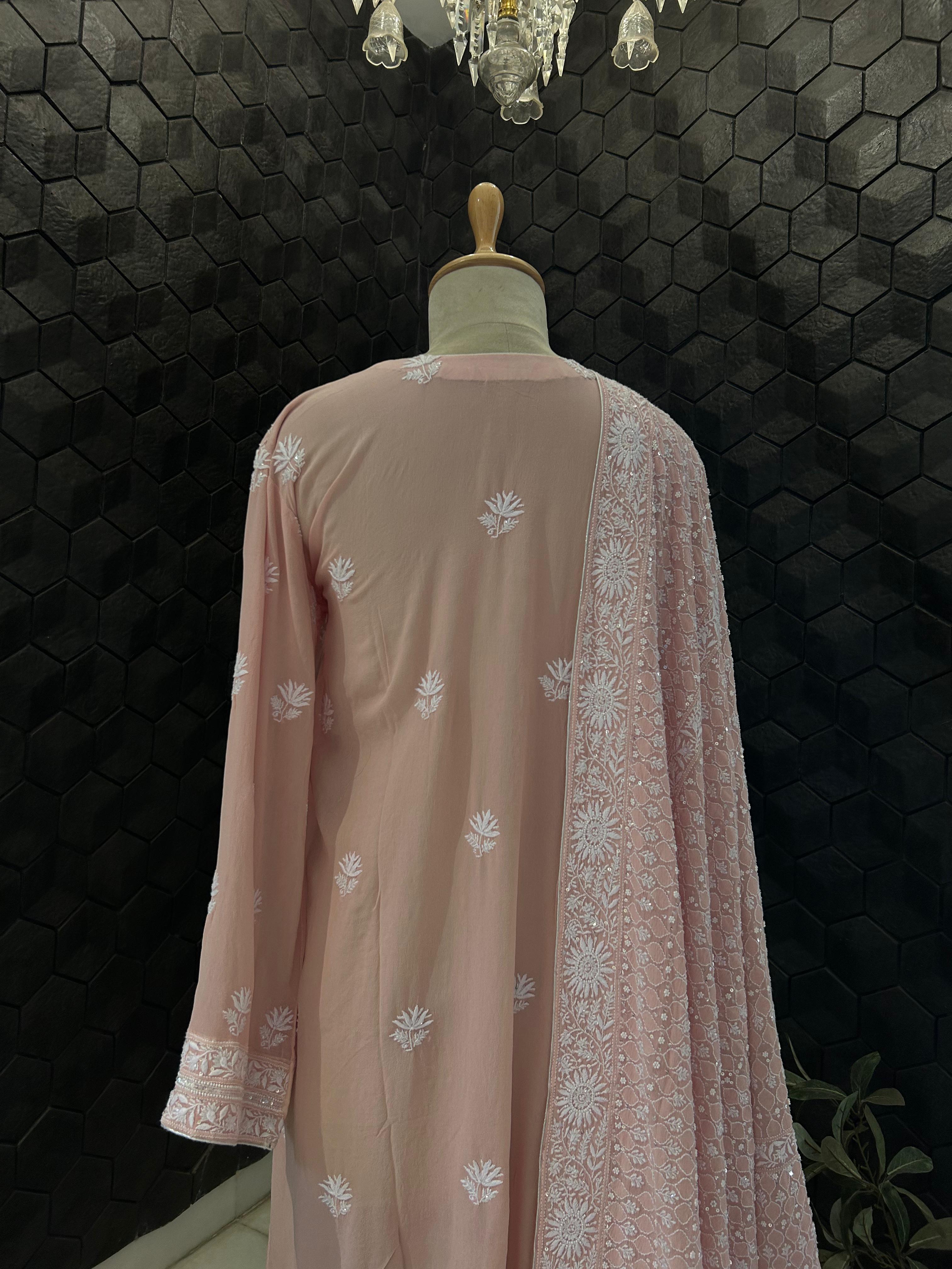 Peach Ek-taar Georgette Chikankari Kurta Set