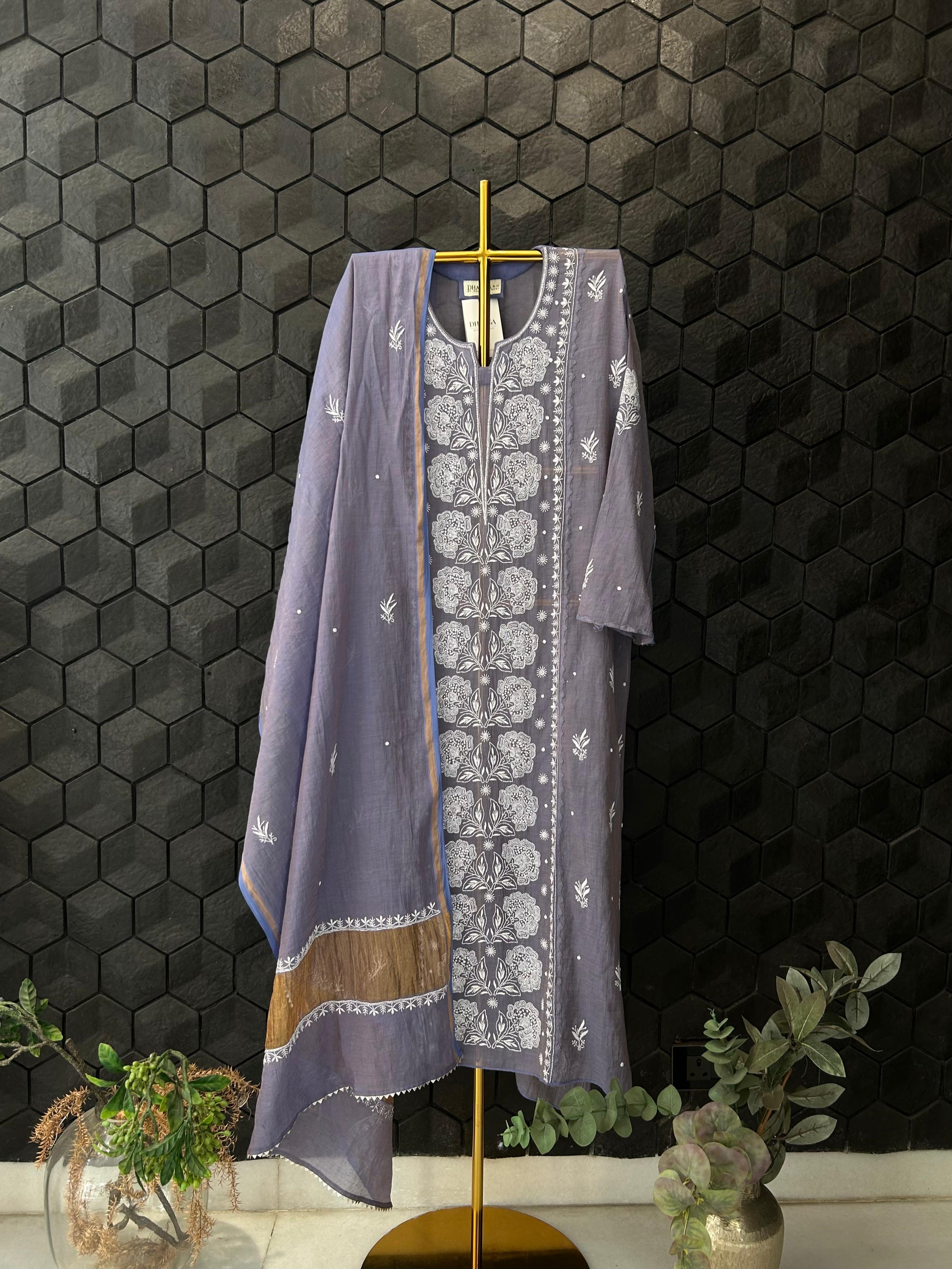 Purple Tissue Chikankari Kurta Set