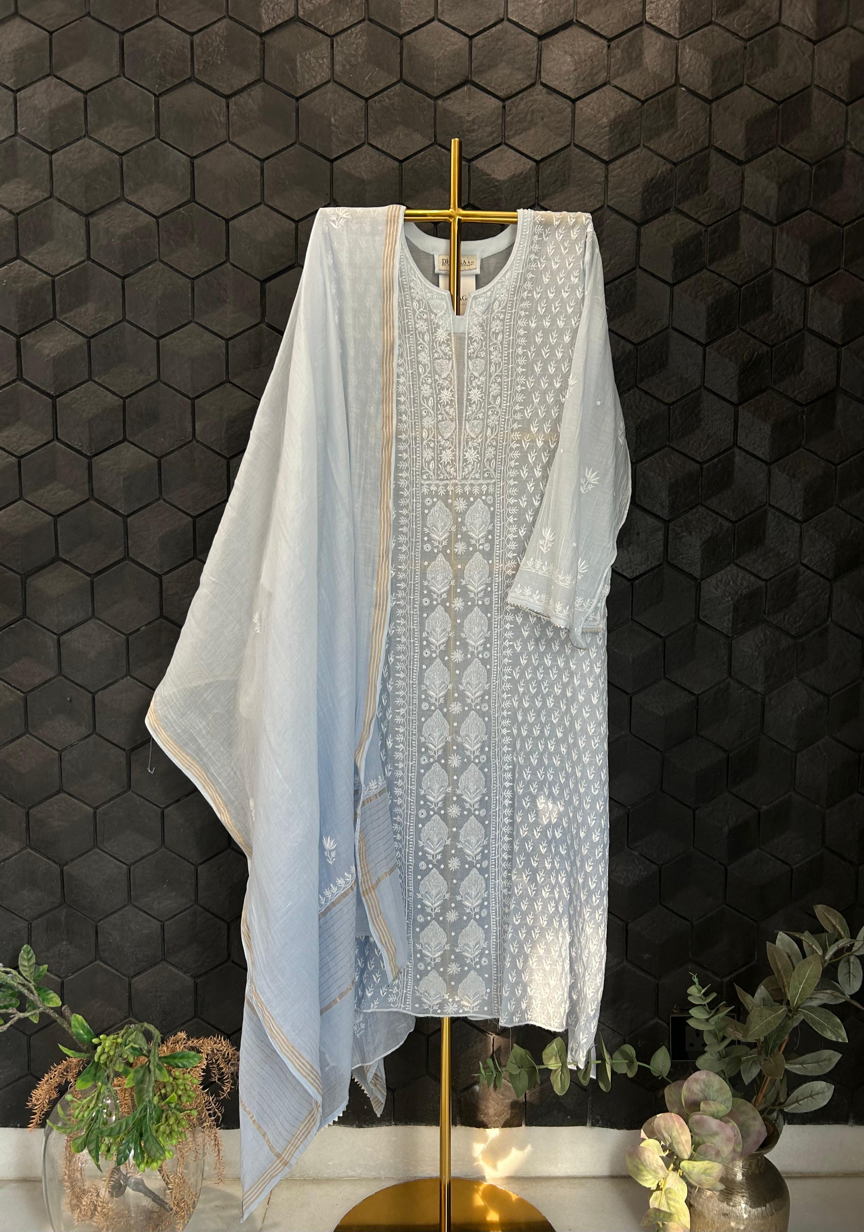 Powder Blue Mul Chanderi Chikankari Kurta Set