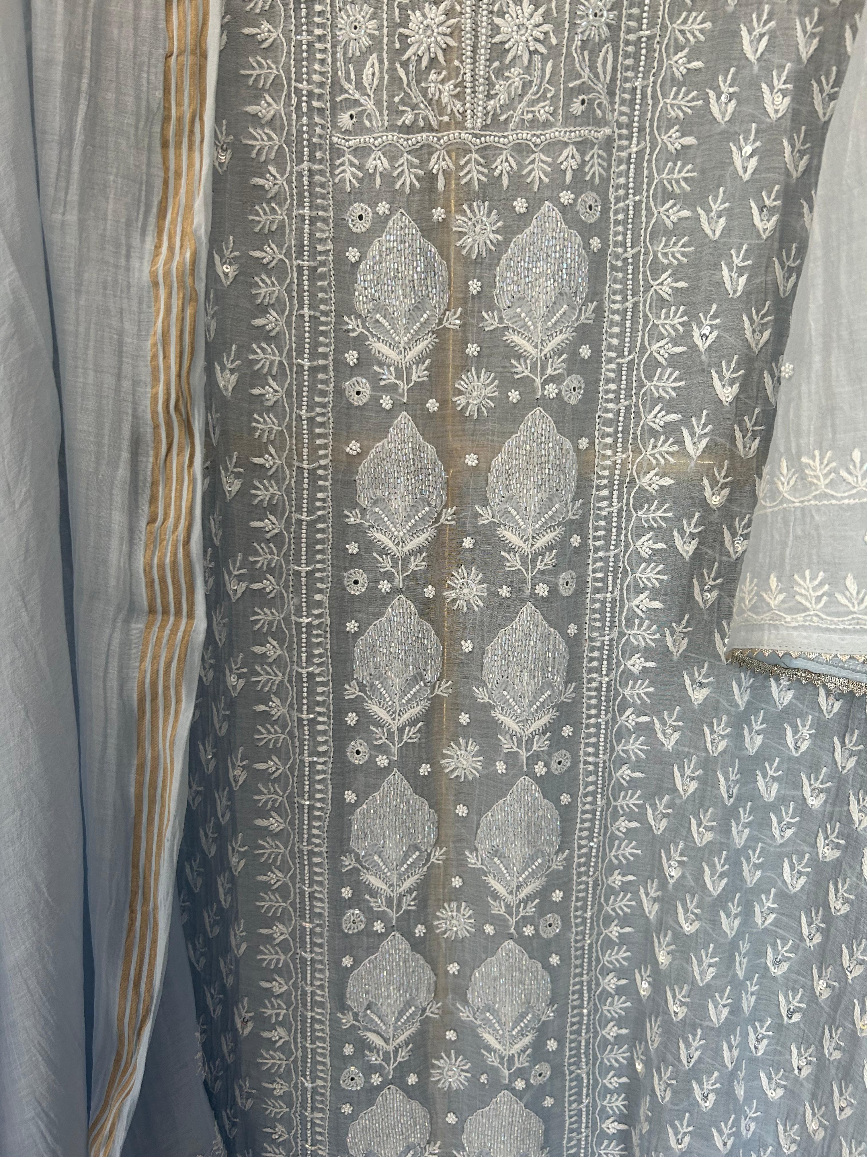 Powder Blue Mul Chanderi Chikankari Kurta Set