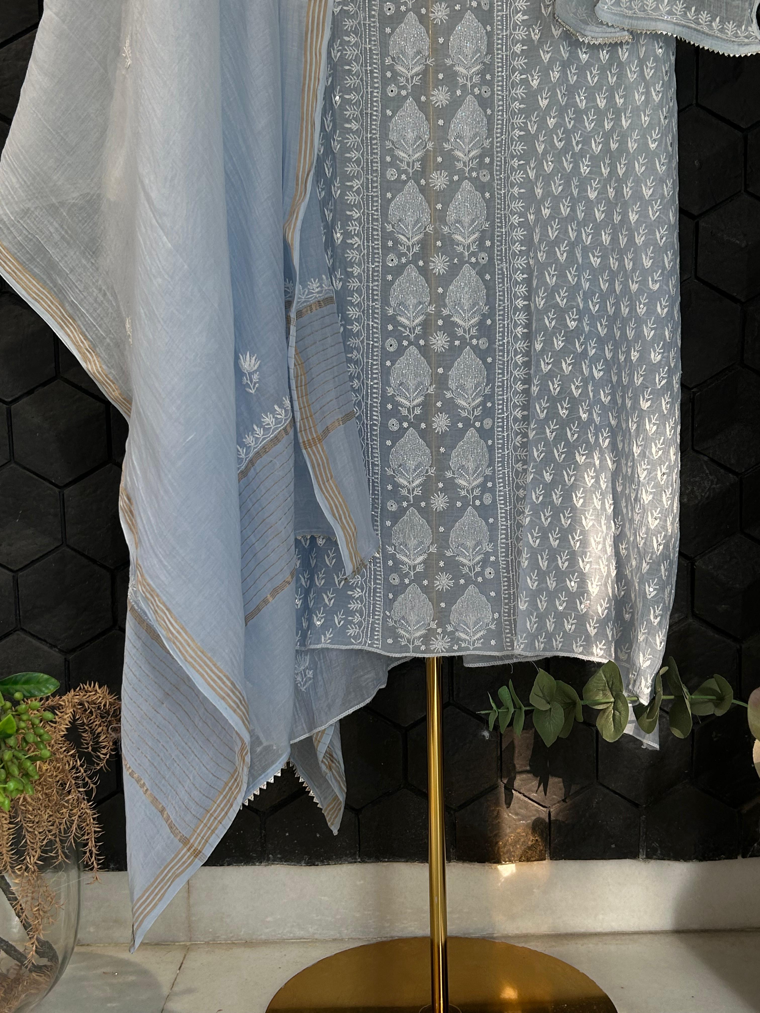 Powder Blue Mul Chanderi Chikankari Kurta Set