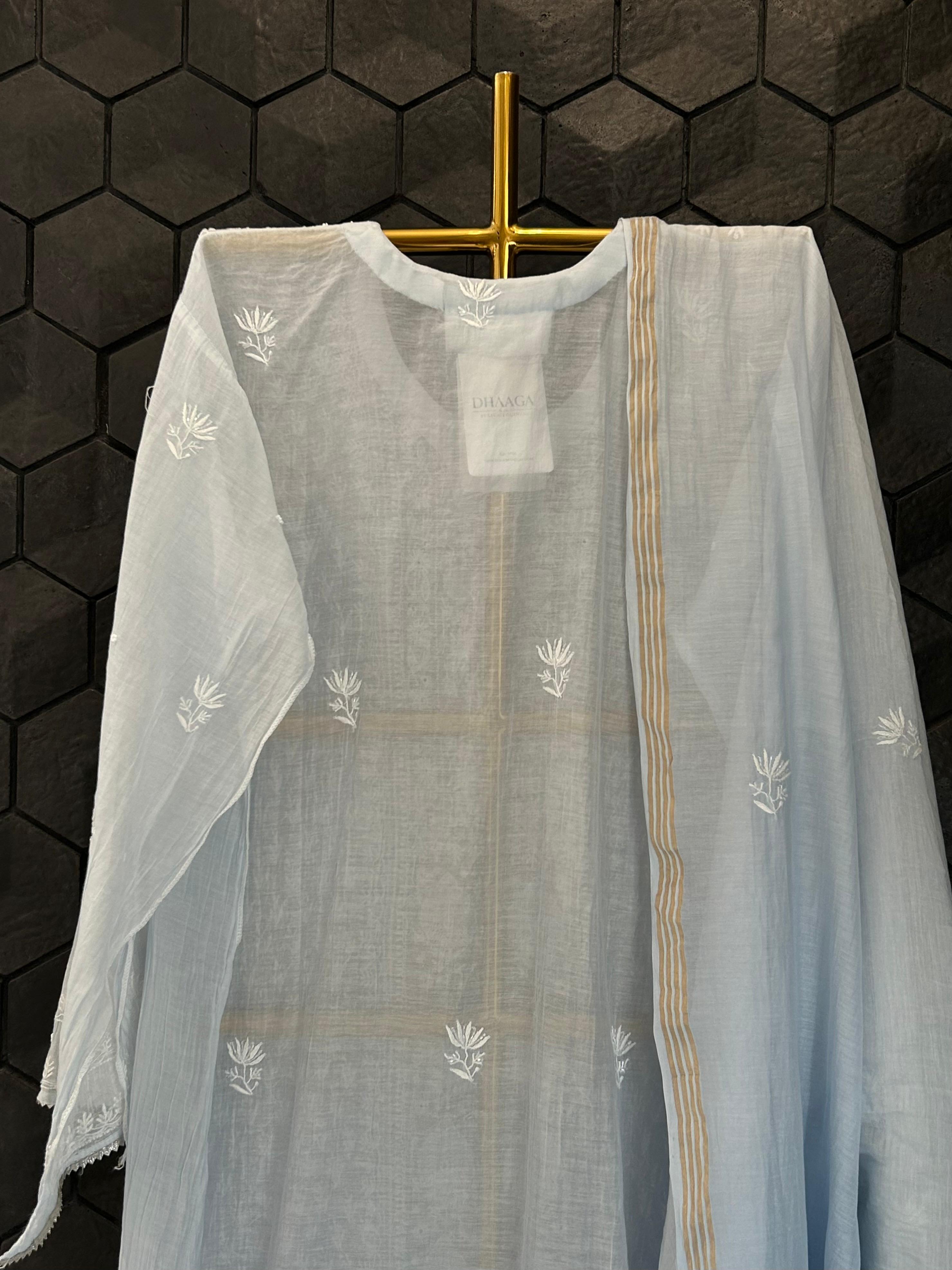 Powder Blue Mul Chanderi Chikankari Kurta Set