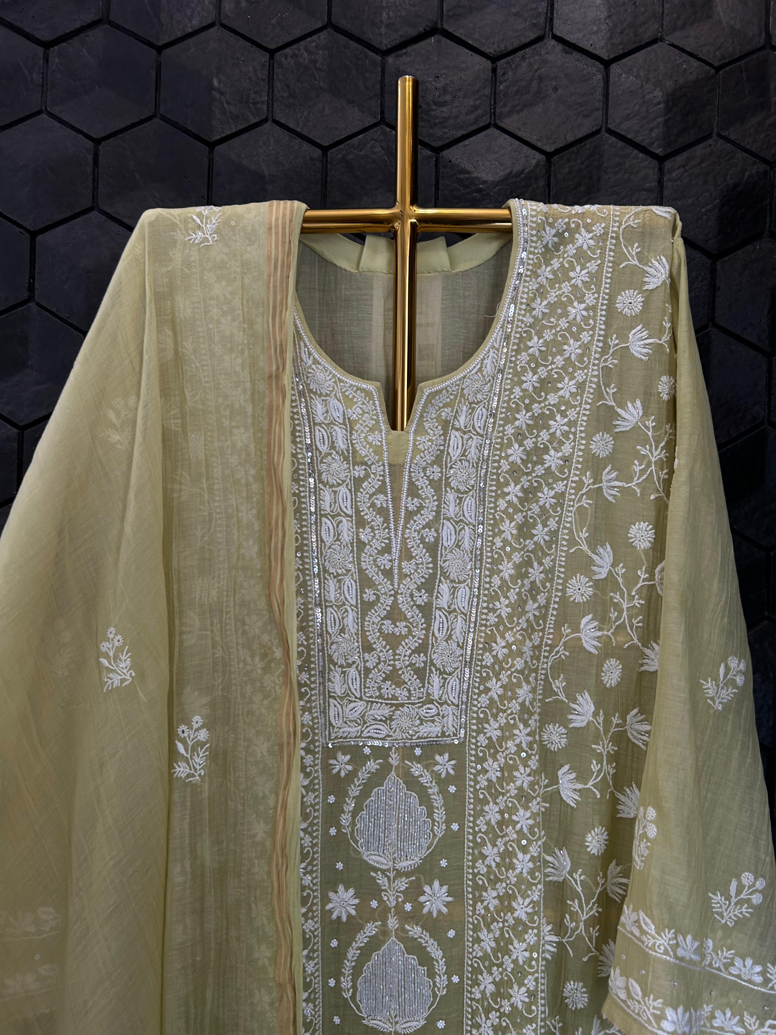 Pista Green Mul Chanderi Chikankari Kurta Set