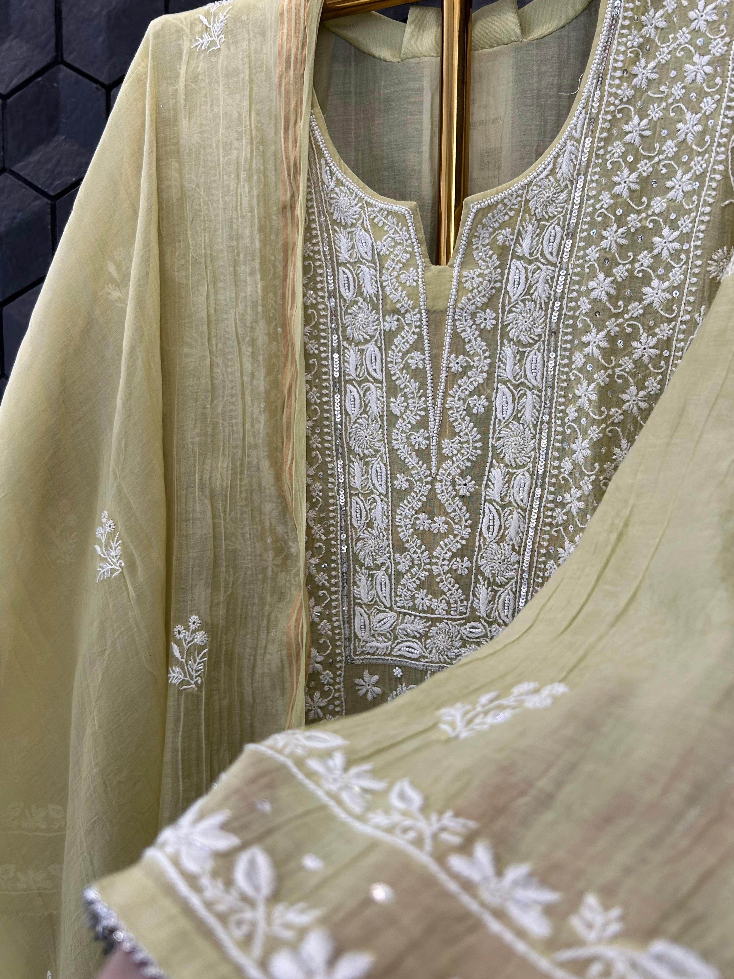 Pista Green Mul Chanderi Chikankari Kurta Set