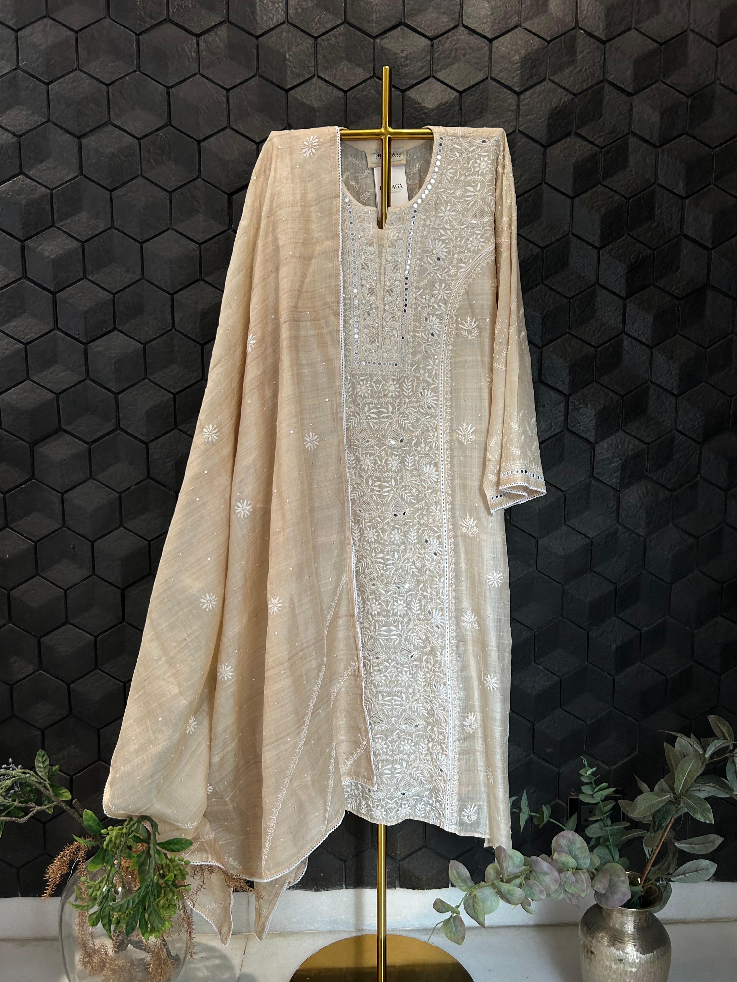 Beige Silk Chikankari Kurta Set