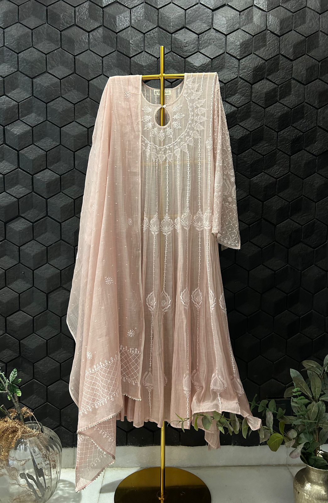 Pink Mul Chanderi Chikankari Anarkali Set