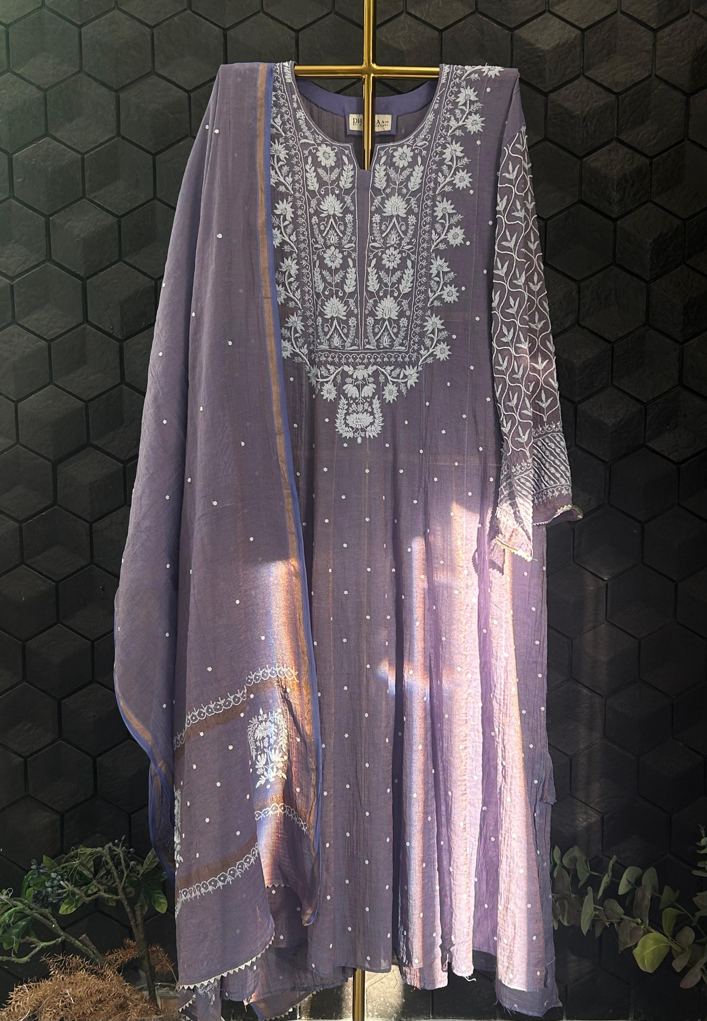 Purple Tissue Chikankari Anarkali Set