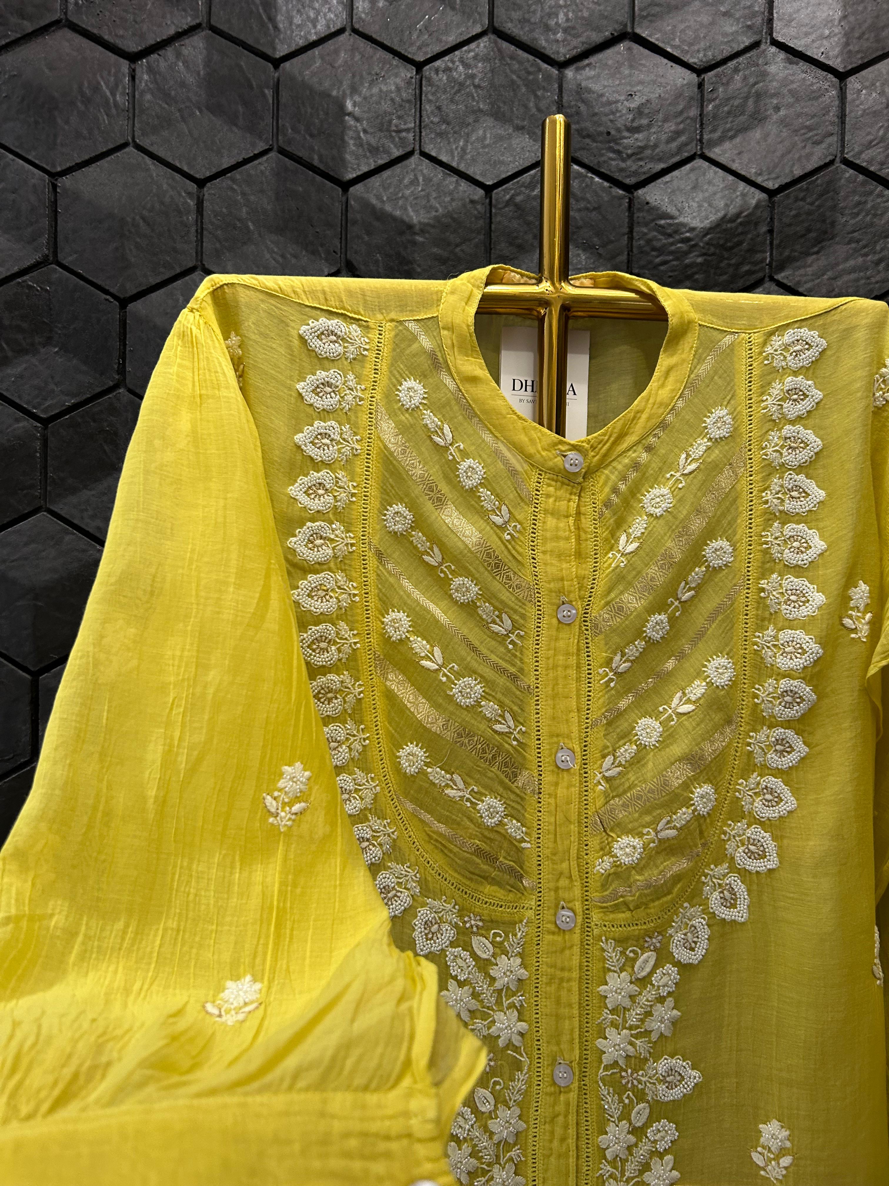 Lime Green Chanderi Chikankari Co-ord set