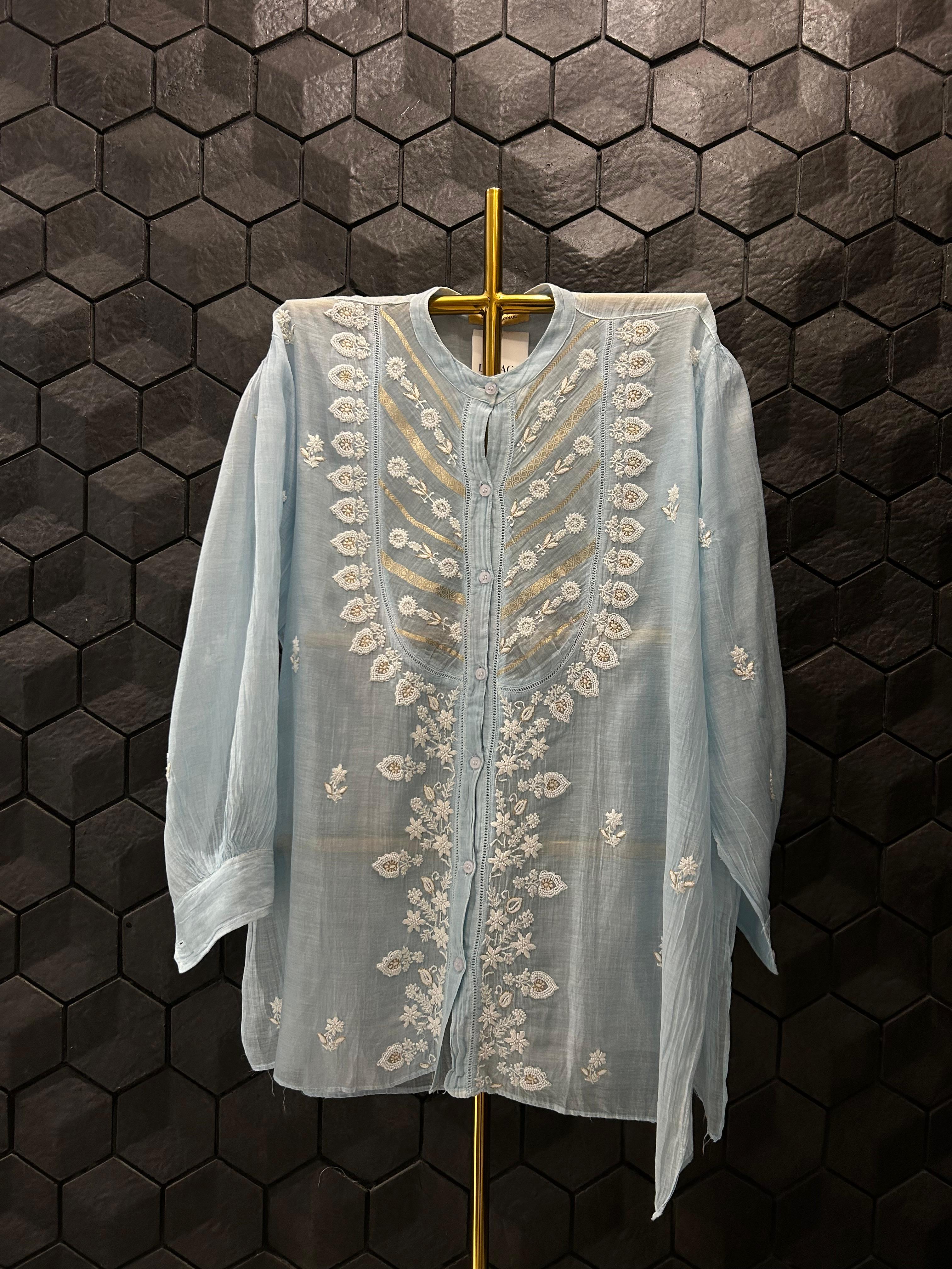 Sky Blue Chanderi Chikankari Co-ord set