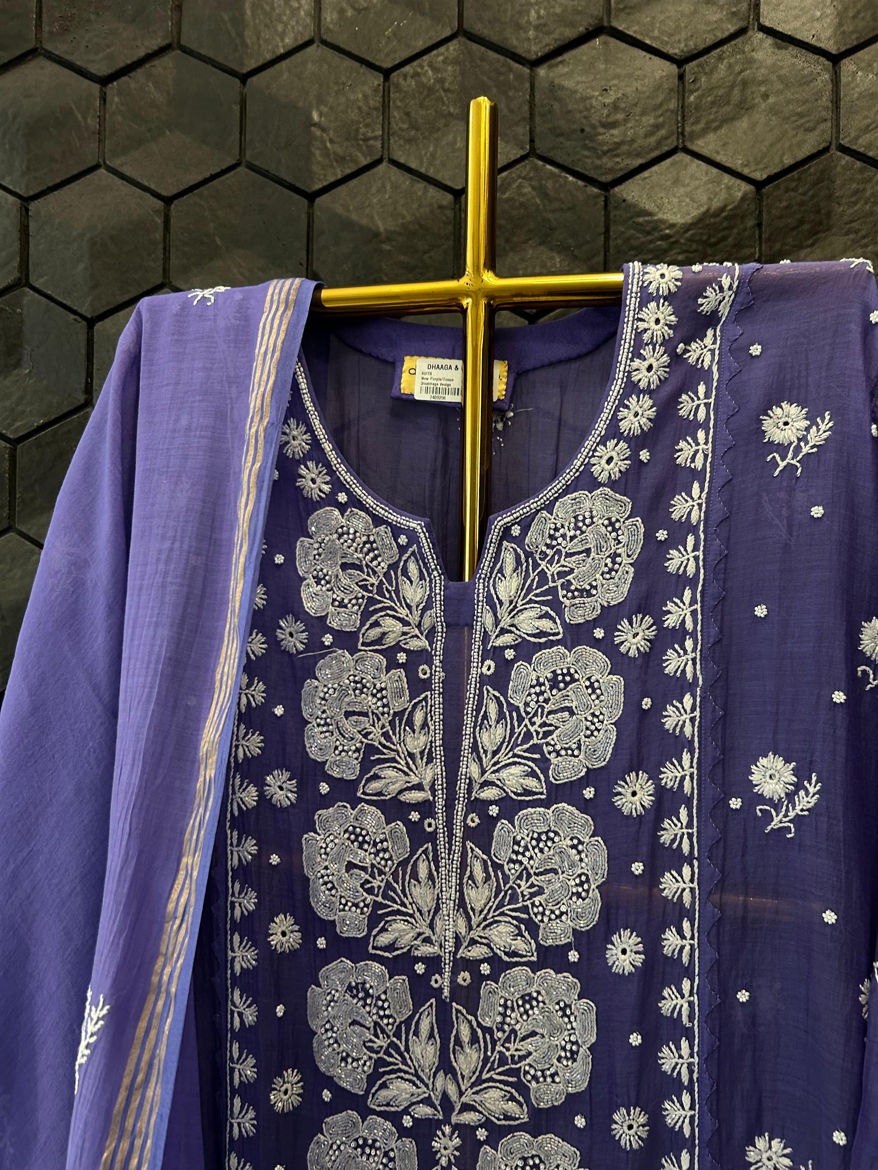 Purple Chanderi Chikankari Kurta Set