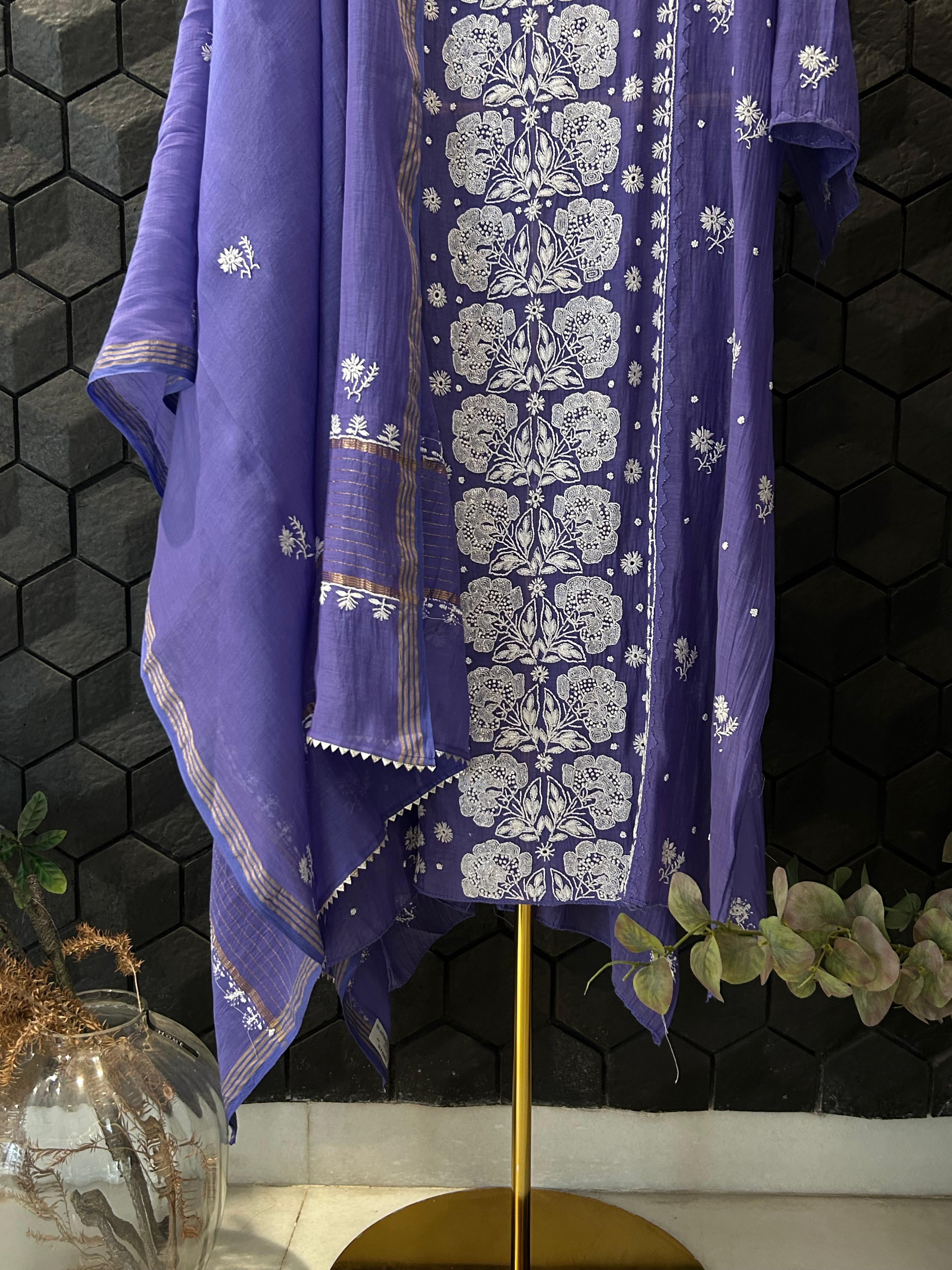 Purple Chanderi Chikankari Kurta Set