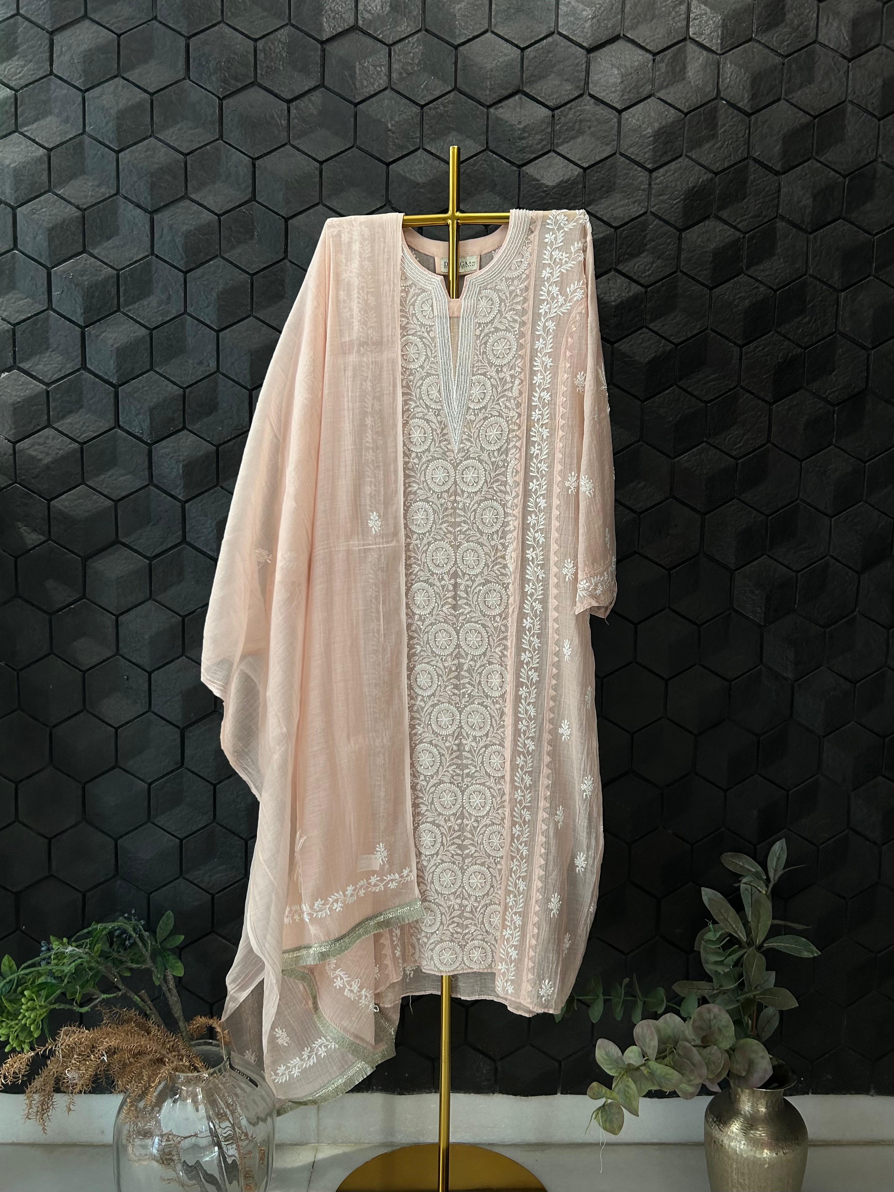 Peach Mul Chanderi Chikankari Kurta Set