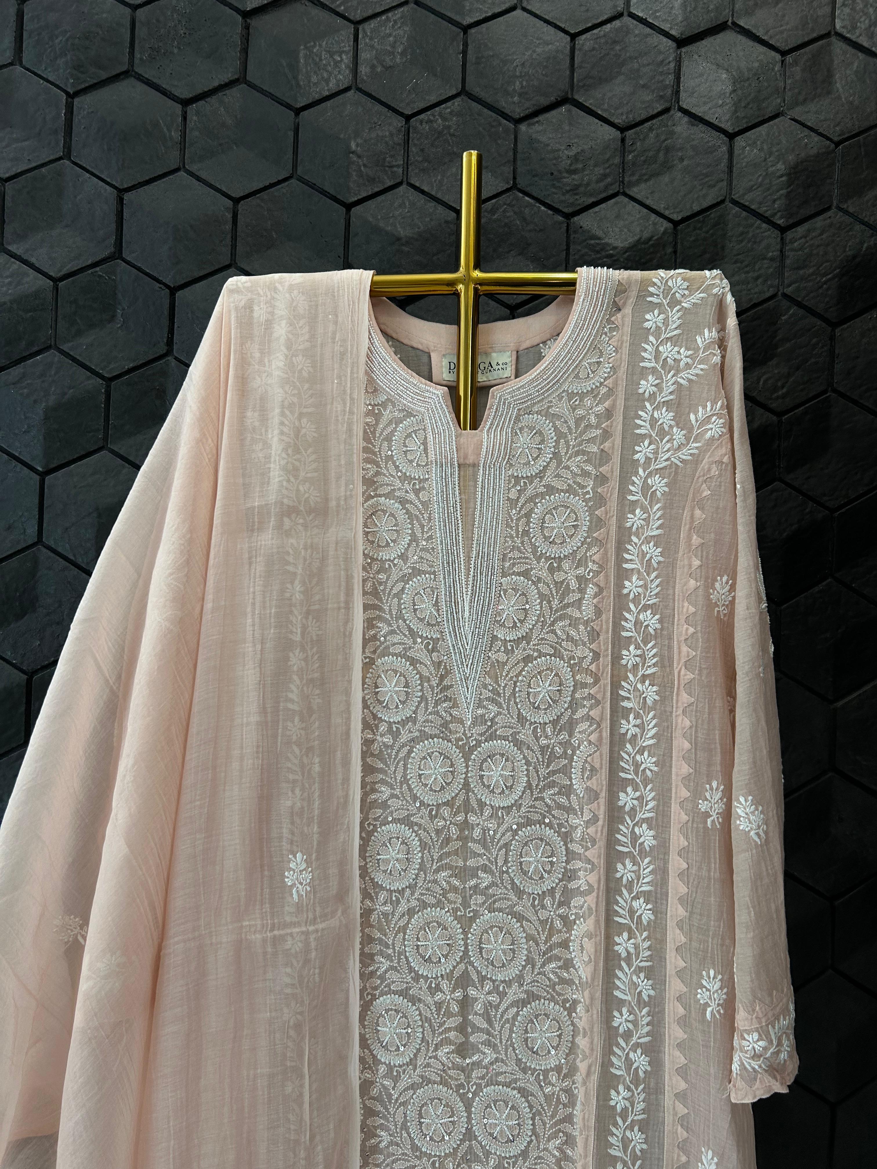 Peach Mul Chanderi Chikankari Kurta Set